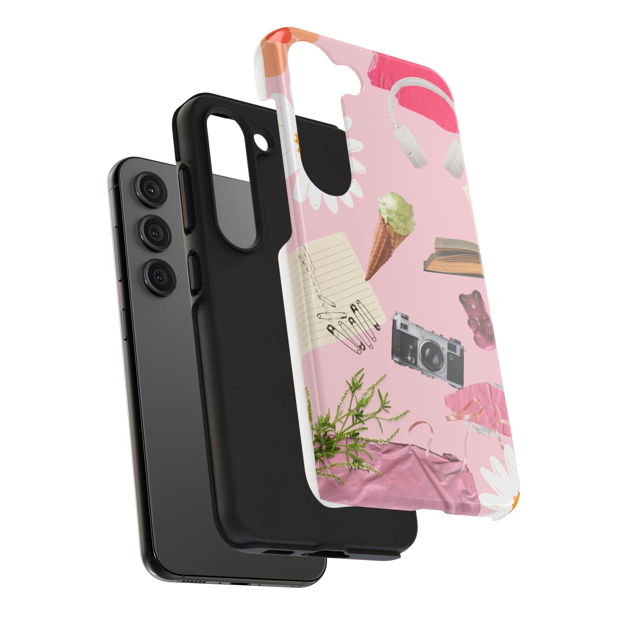 Pastel Collage Tough Phone Case – Cute Floral, Camera & Snacks Pattern