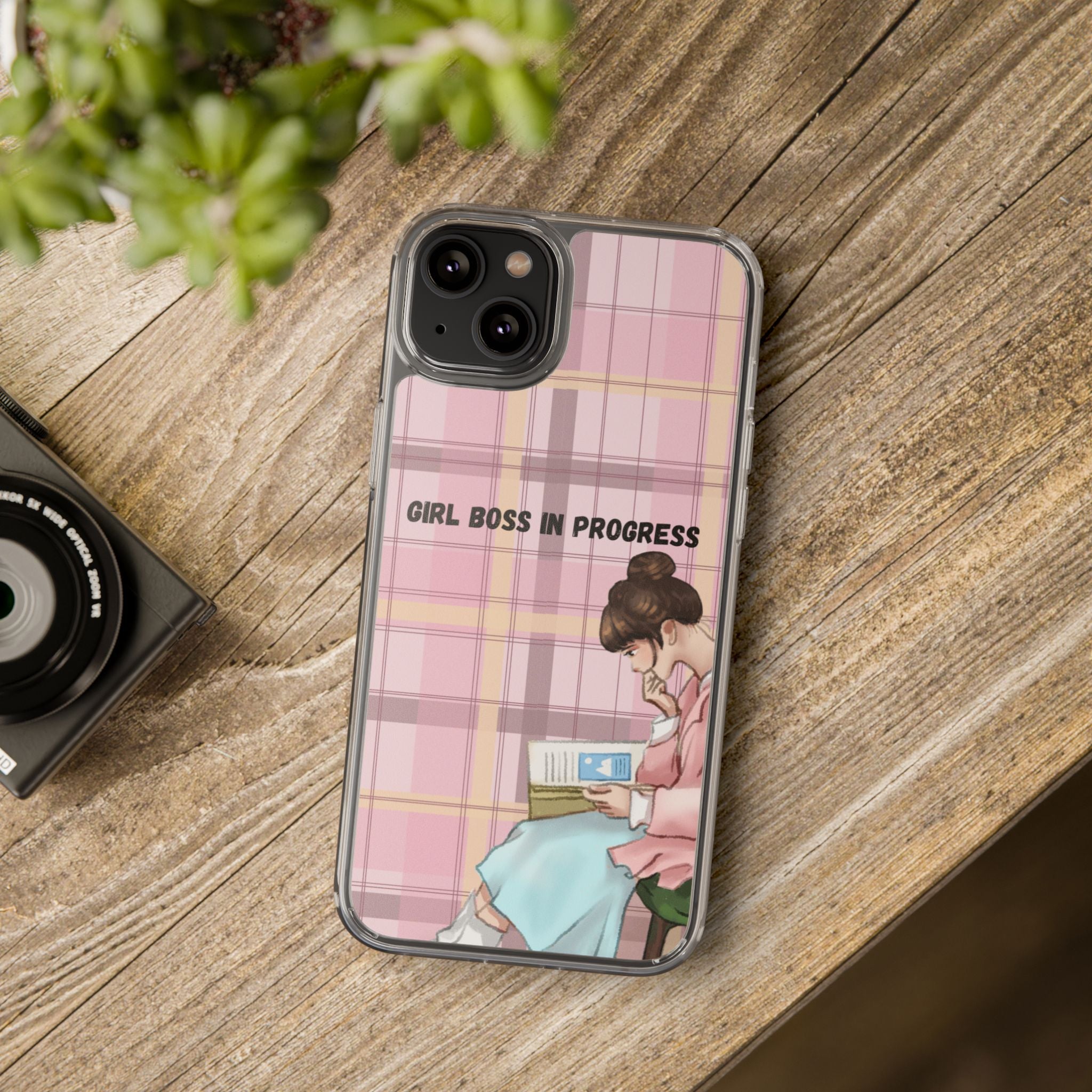Girl Boss in Progress Clear Phone Case – Pink Plaid Feminine iPhone Cover