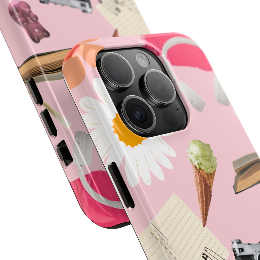 Pastel Collage Tough Phone Case – Cute Floral, Camera & Snacks Pattern