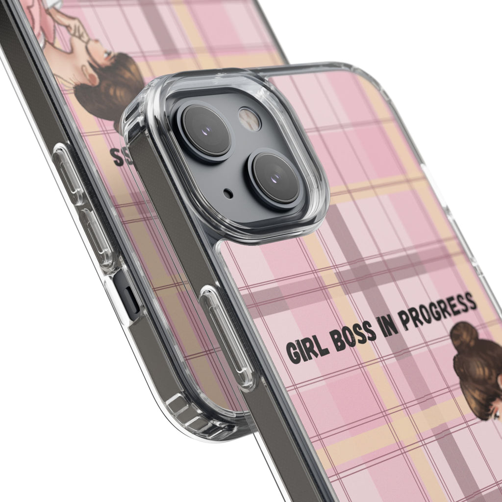 Girl Boss in Progress Clear Phone Case – Pink Plaid Feminine iPhone Cover
