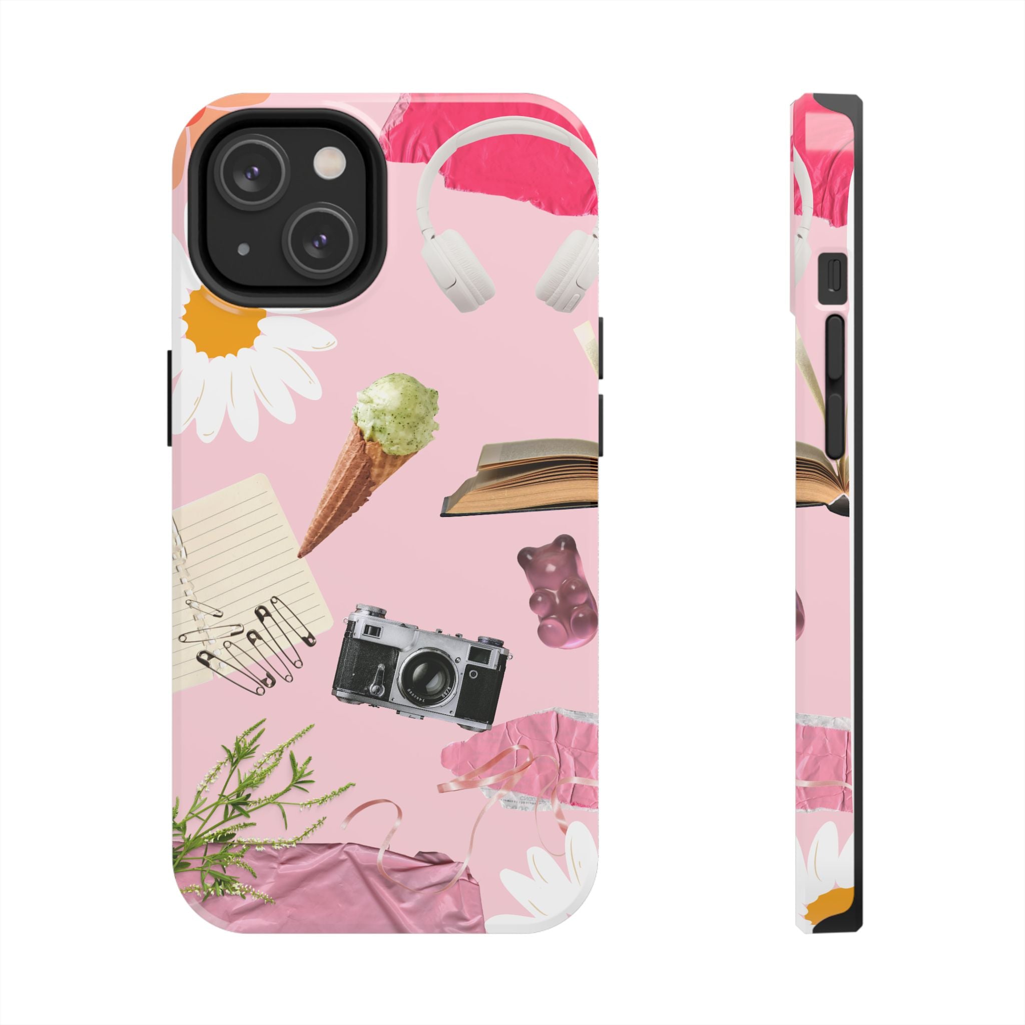 Pastel Collage Tough Phone Case – Cute Floral, Camera & Snacks Pattern