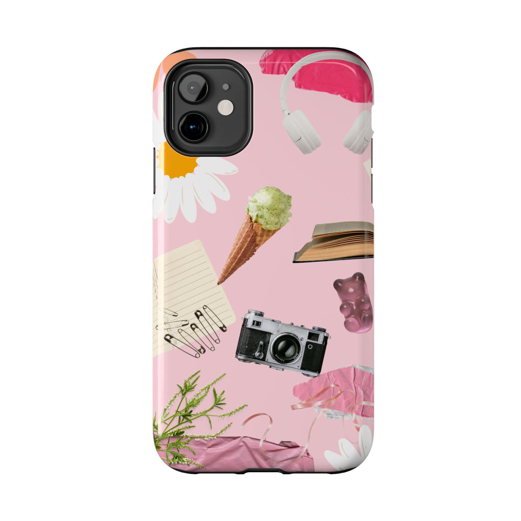 Pastel Collage Tough Phone Case – Cute Floral, Camera & Snacks Pattern