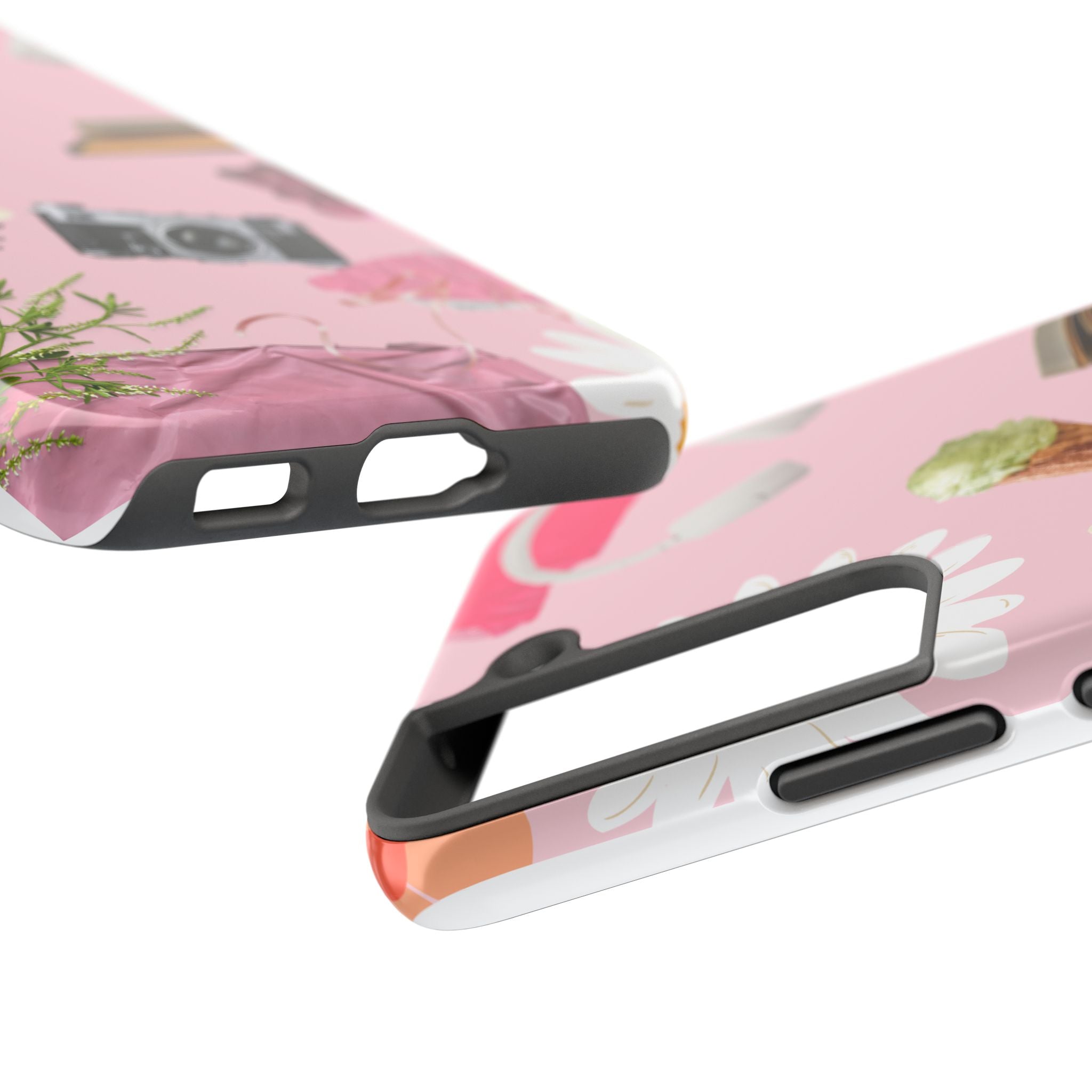 Pastel Collage Tough Phone Case – Cute Floral, Camera & Snacks Pattern