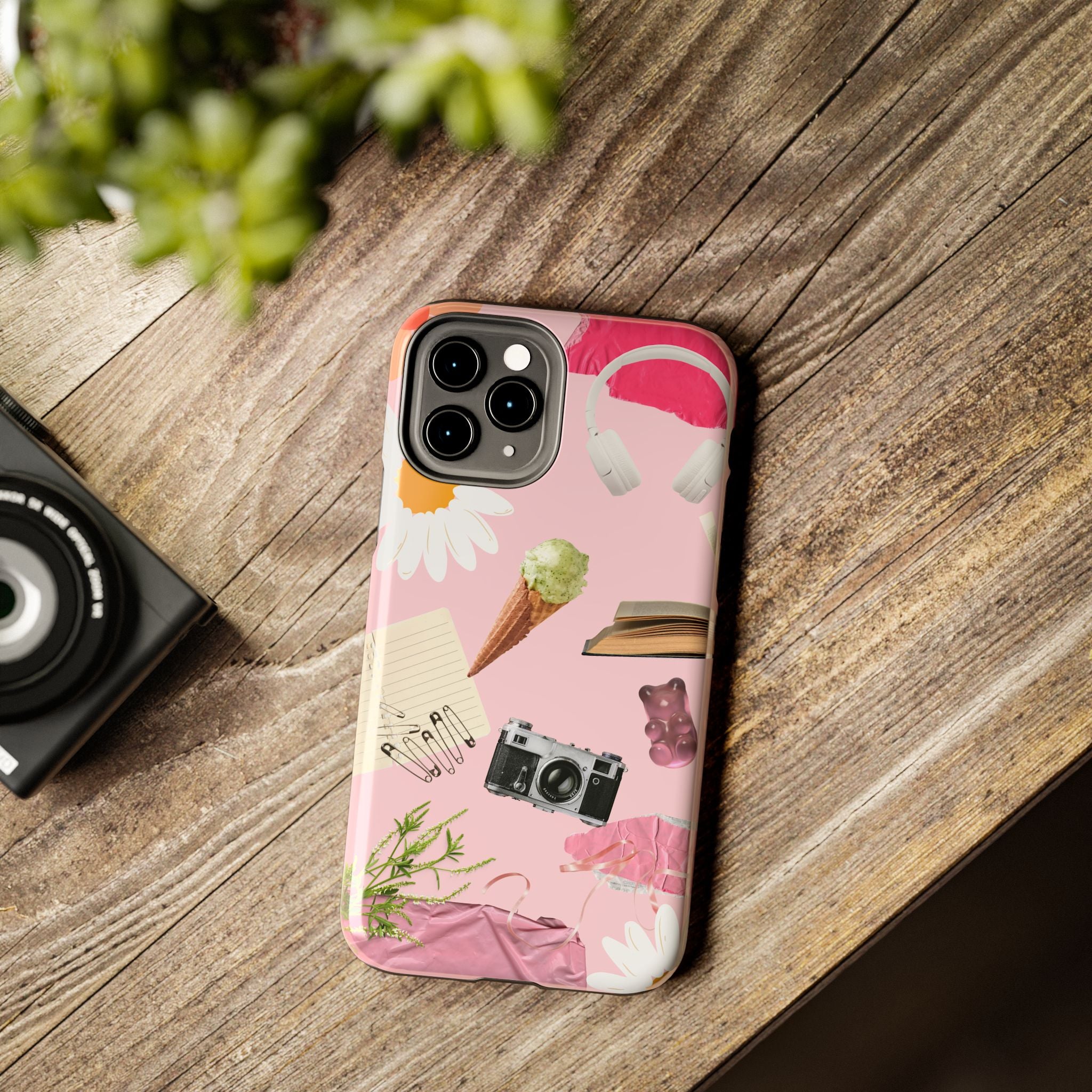 Pastel Collage Tough Phone Case – Cute Floral, Camera & Snacks Pattern