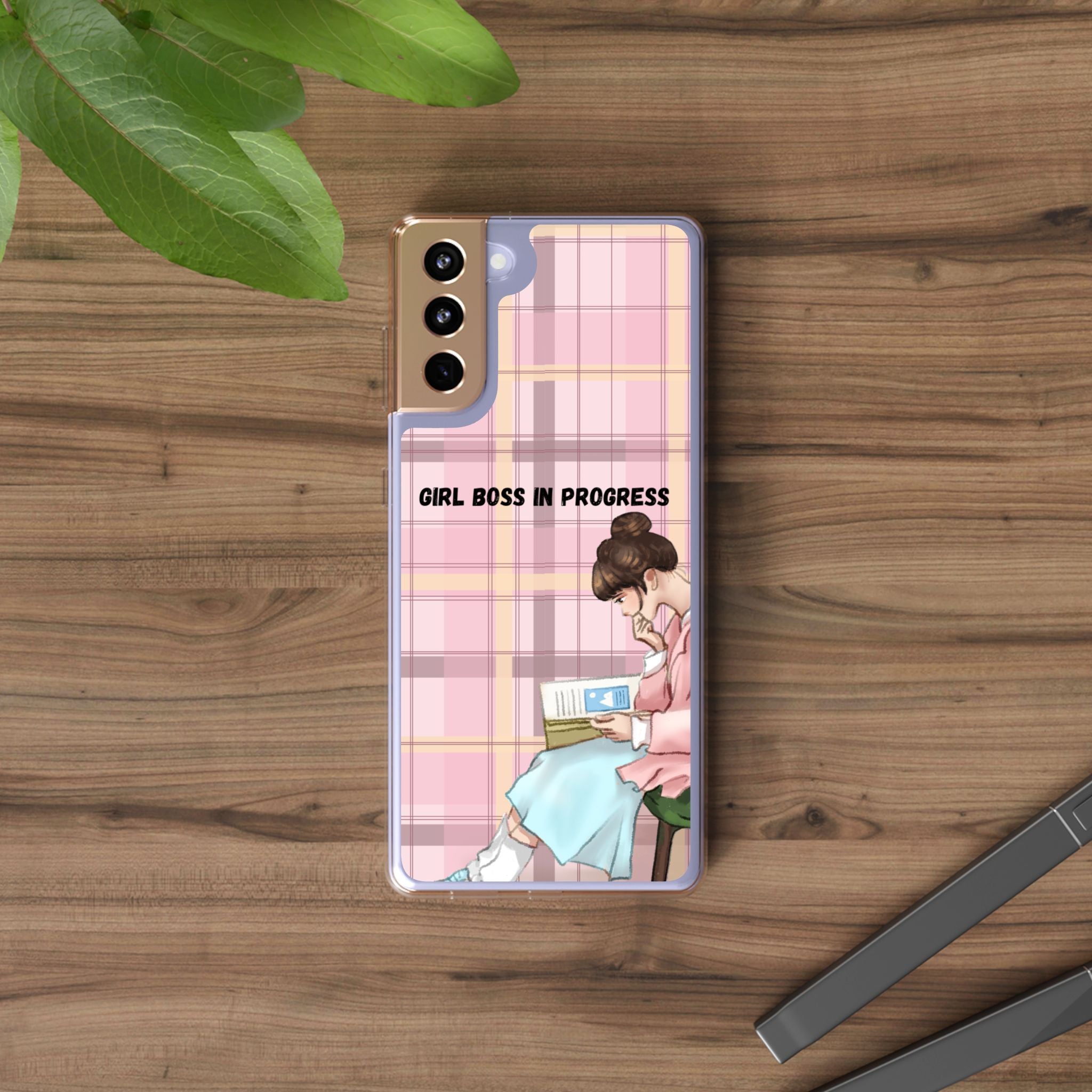 Girl Boss in Progress Clear Phone Case – Pink Plaid Feminine iPhone Cover