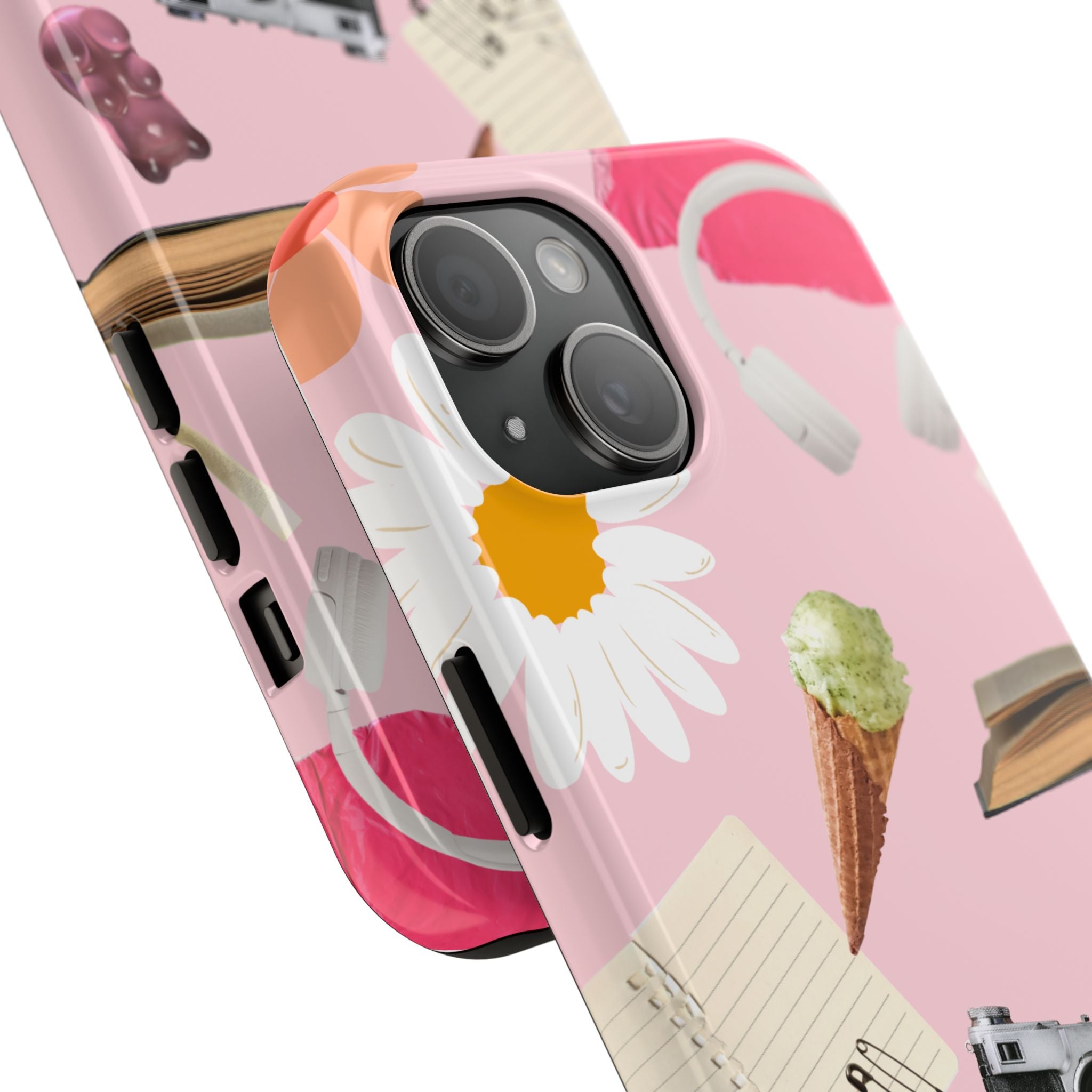 Pastel Collage Tough Phone Case – Cute Floral, Camera & Snacks Pattern