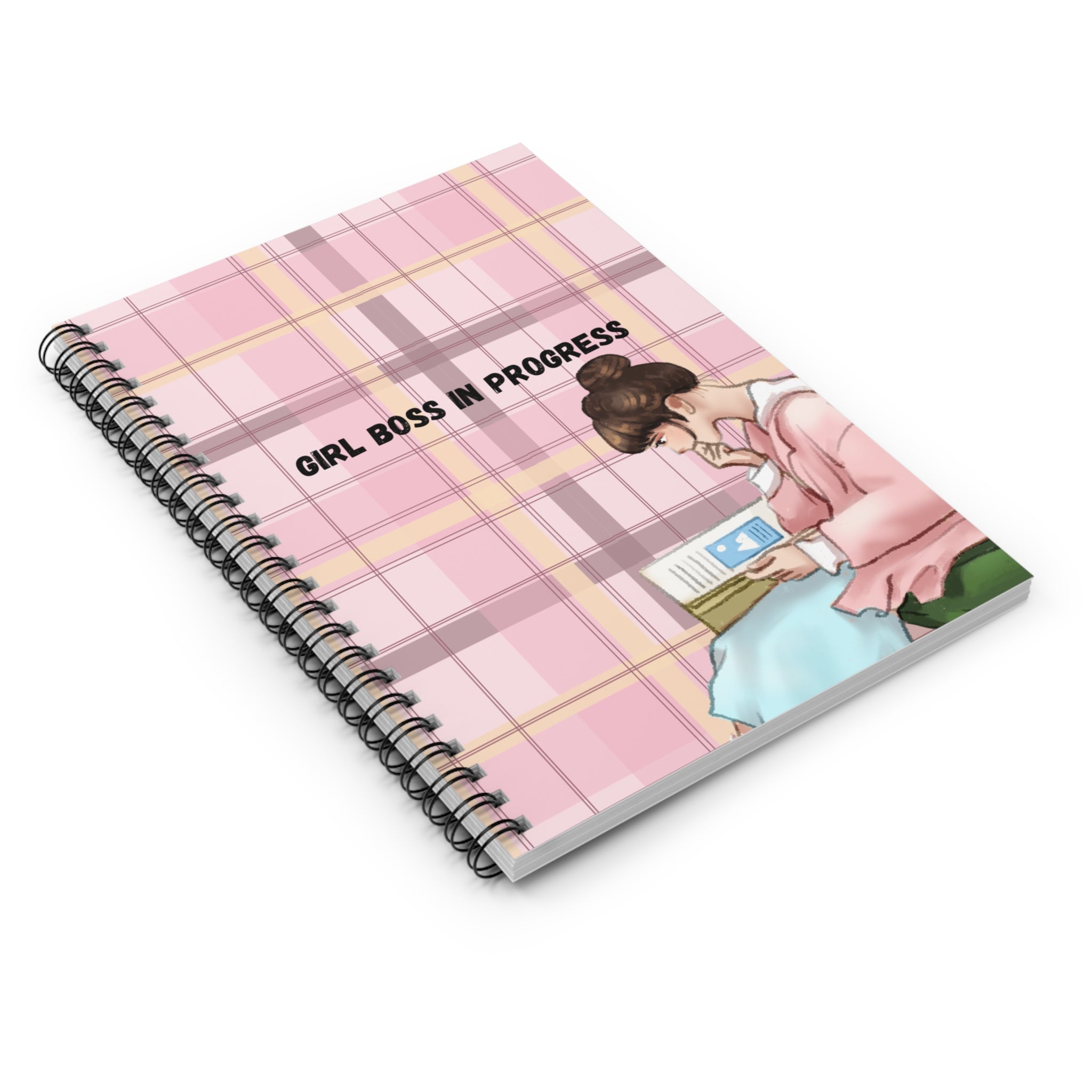 Girl Boss in Progress Spiral Notebook — Pink Plaid Motivational Journal