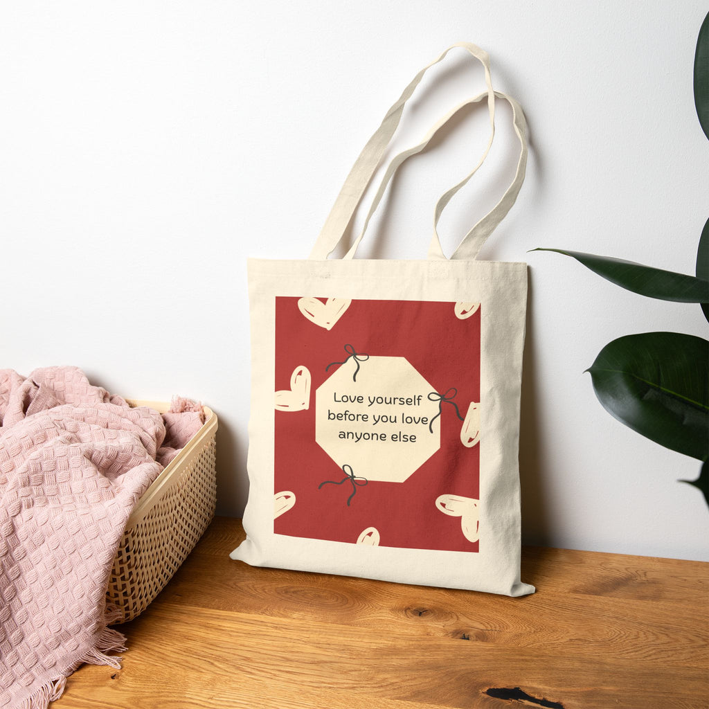 Tote Bag — 'Love Yourself First' Heart Canvas Tote, Self-Care Quote Eco Shopper