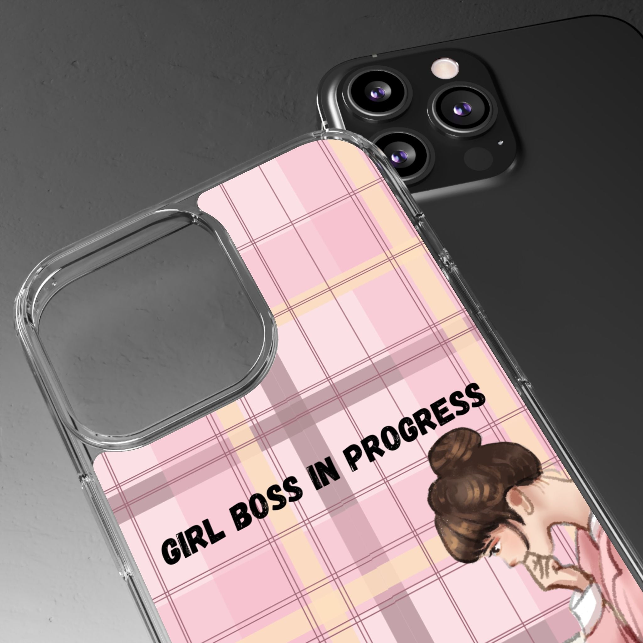 Girl Boss in Progress Clear Phone Case – Pink Plaid Feminine iPhone Cover