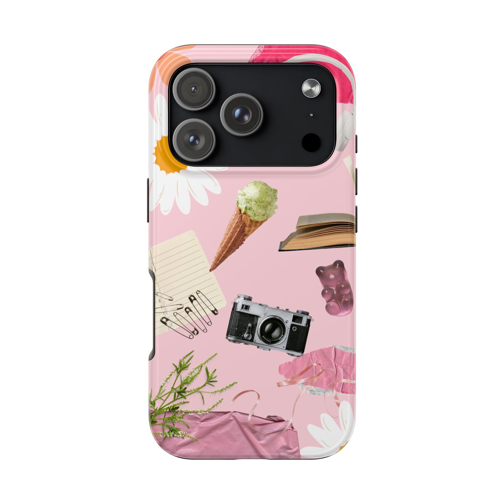Pastel Collage Tough Phone Case – Cute Floral, Camera & Snacks Pattern