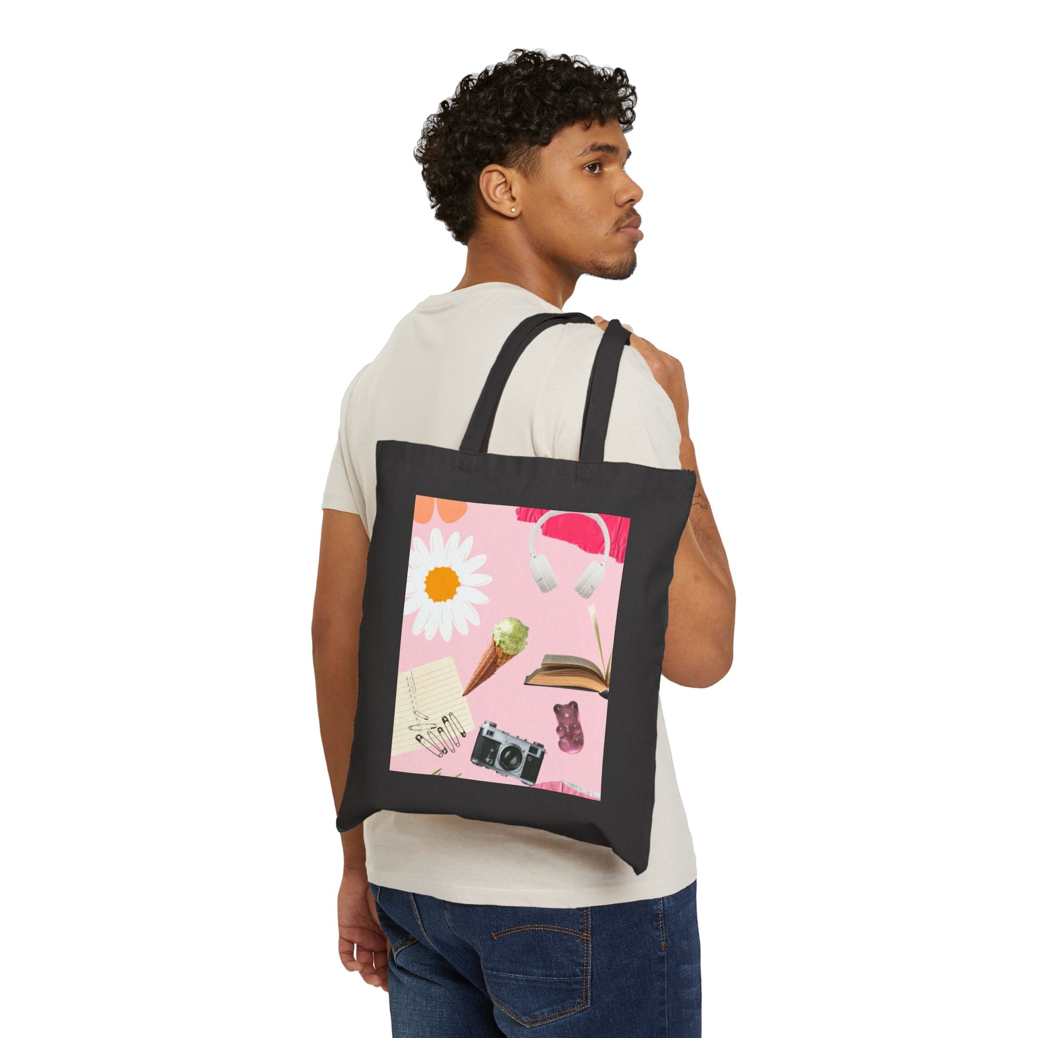 Canvas Tote Bag — Pink Aesthetic Collage: Daisy, Camera, Headphones & Book