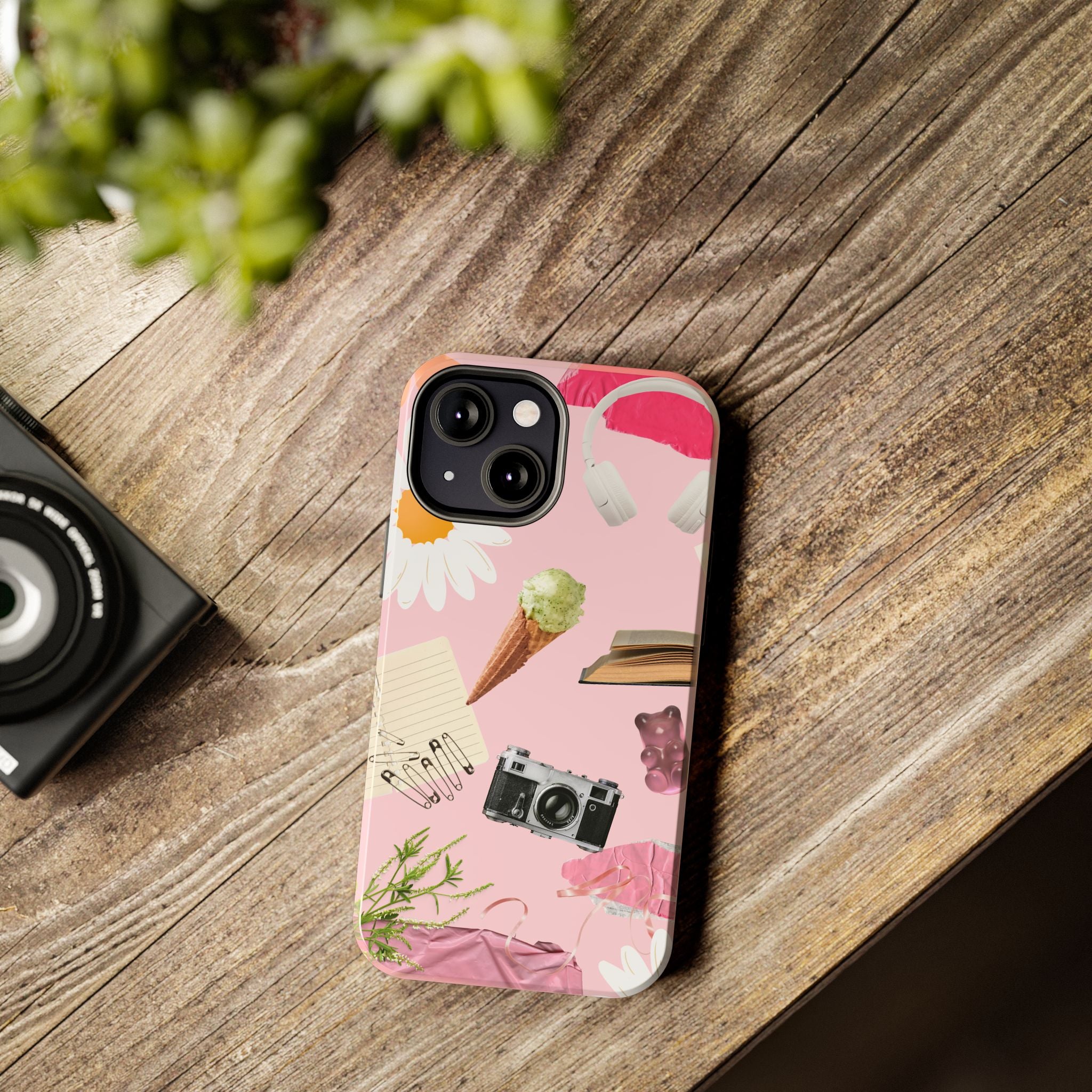 Pastel Collage Tough Phone Case – Cute Floral, Camera & Snacks Pattern