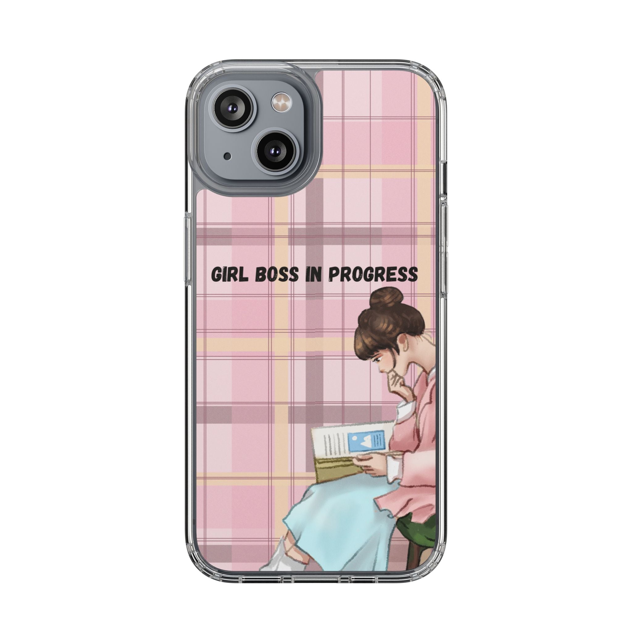 Girl Boss in Progress Clear Phone Case – Pink Plaid Feminine iPhone Cover