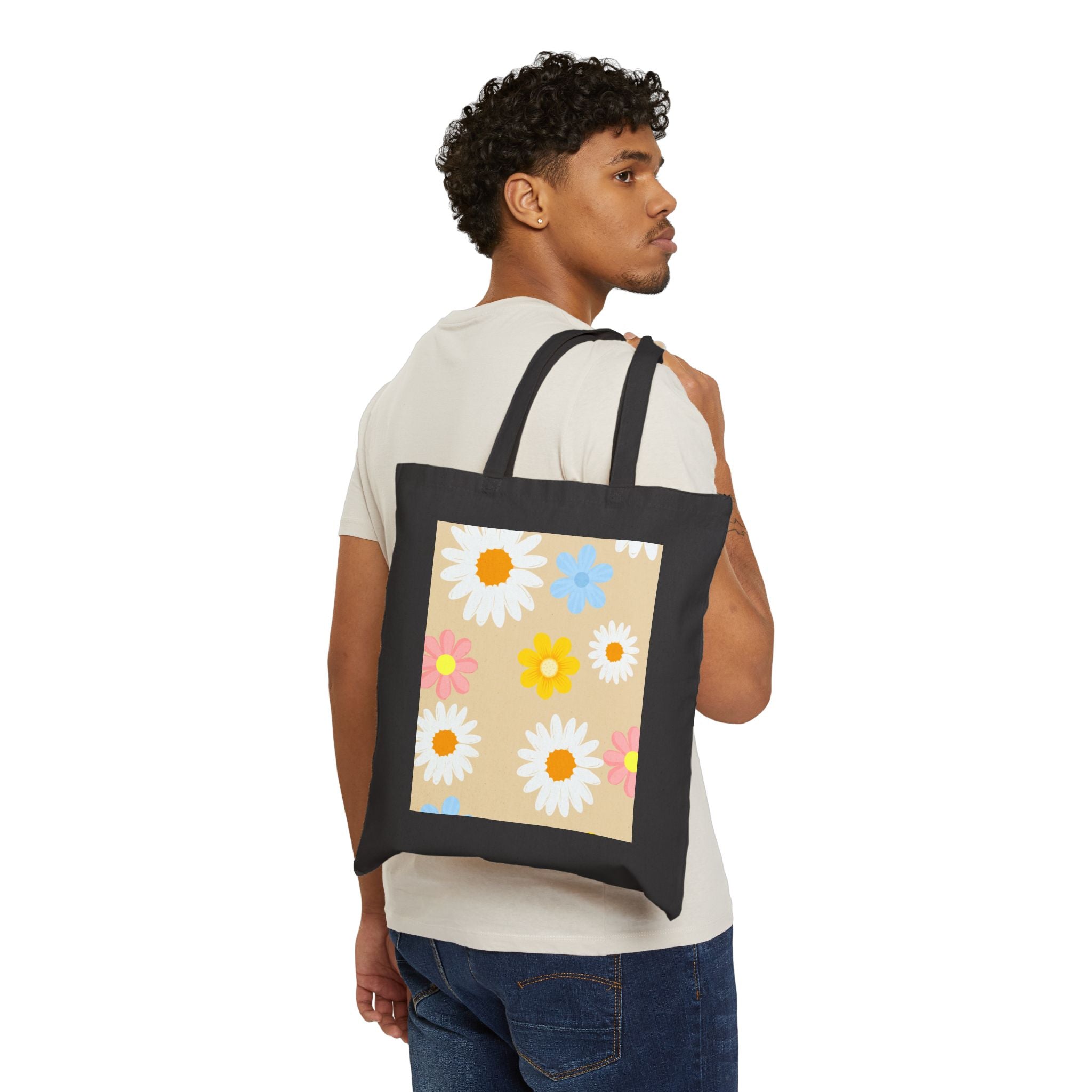 Floral Daisy Canvas Tote Bag — Retro Colorful Flower Market Bag