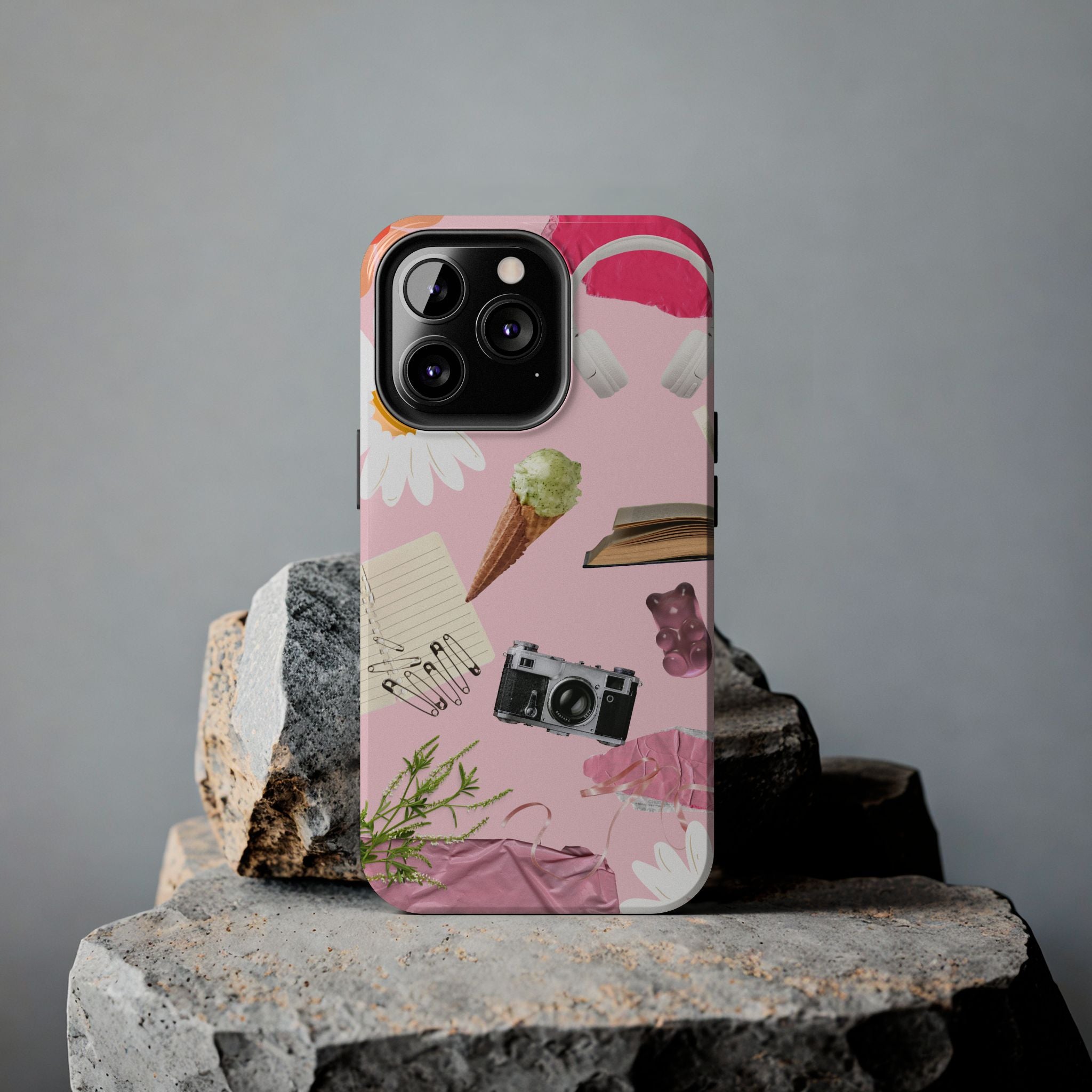 Pastel Collage Tough Phone Case – Cute Floral, Camera & Snacks Pattern