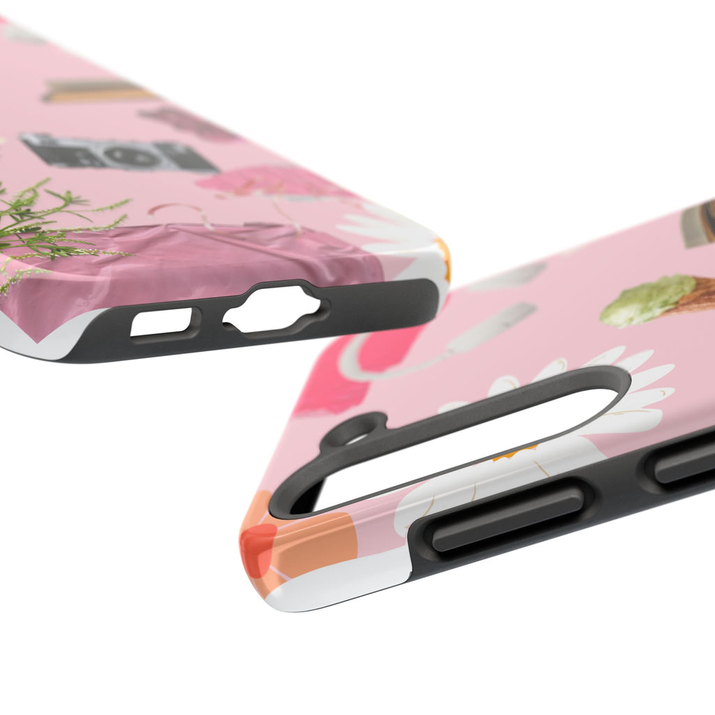 Pastel Collage Tough Phone Case – Cute Floral, Camera & Snacks Pattern