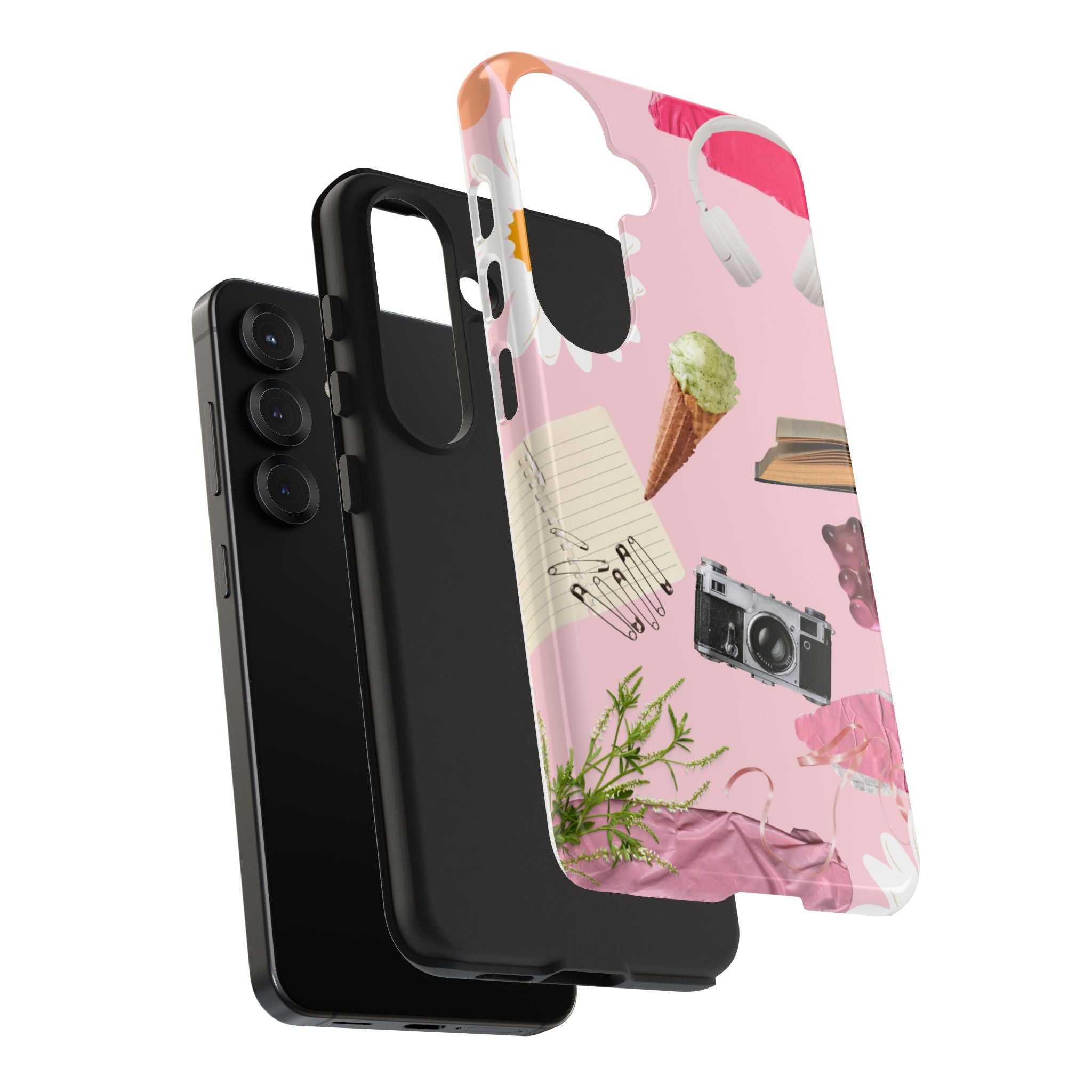 Pastel Collage Tough Phone Case – Cute Floral, Camera & Snacks Pattern