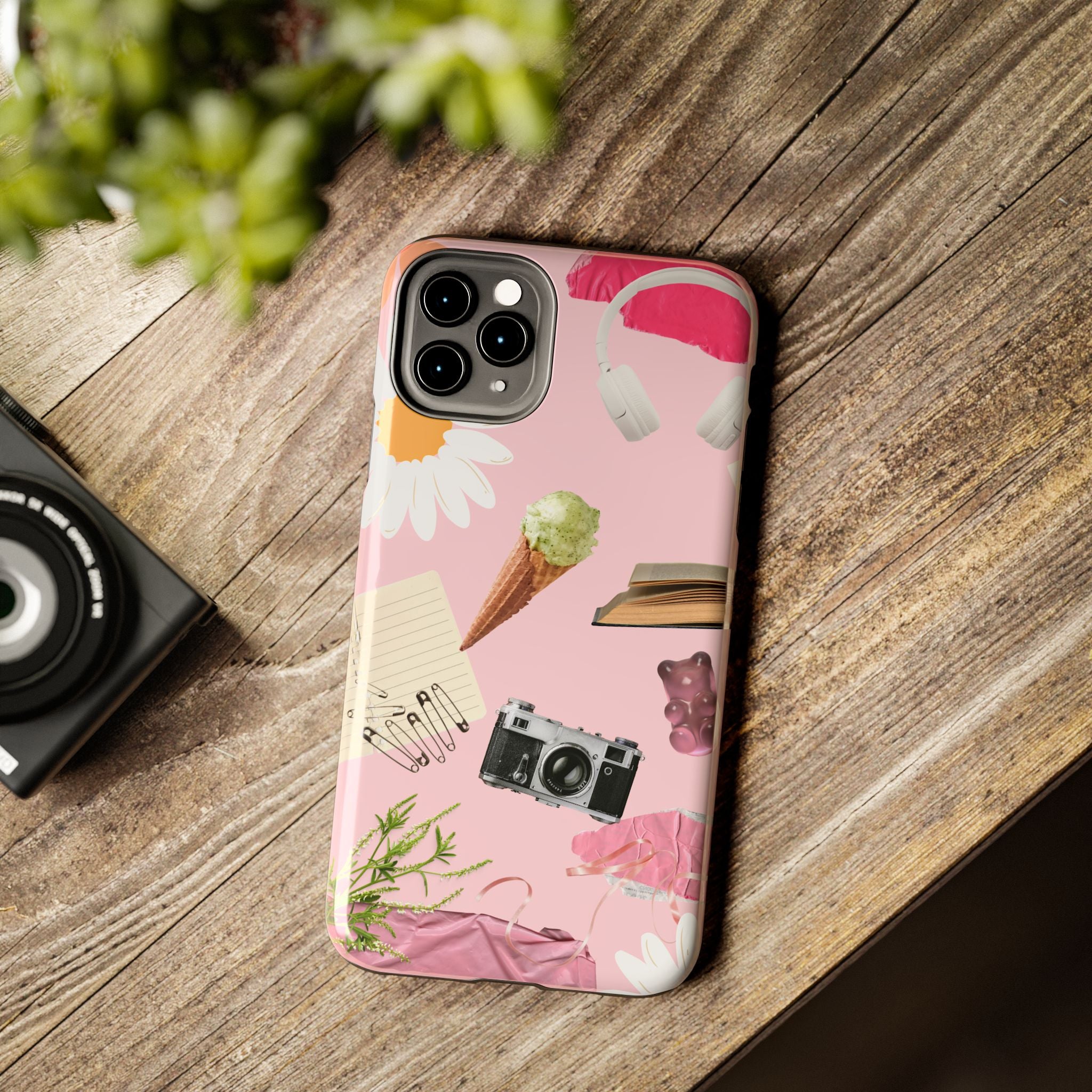 Pastel Collage Tough Phone Case – Cute Floral, Camera & Snacks Pattern