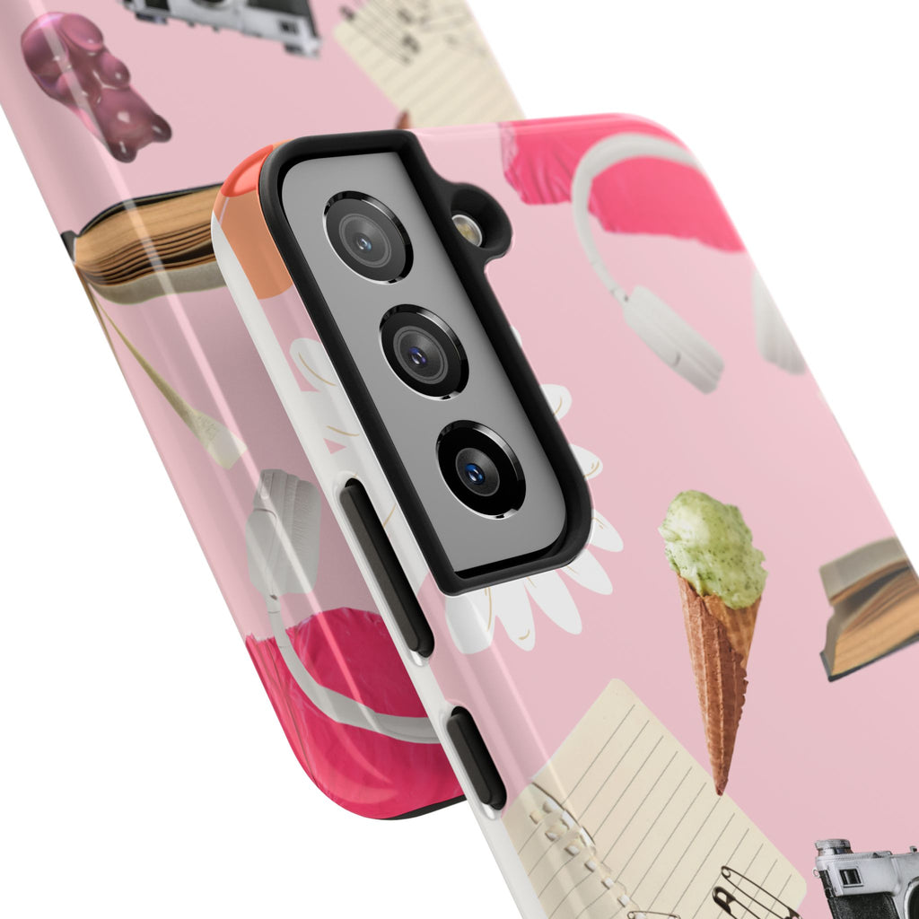 Pastel Collage Tough Phone Case – Cute Floral, Camera & Snacks Pattern