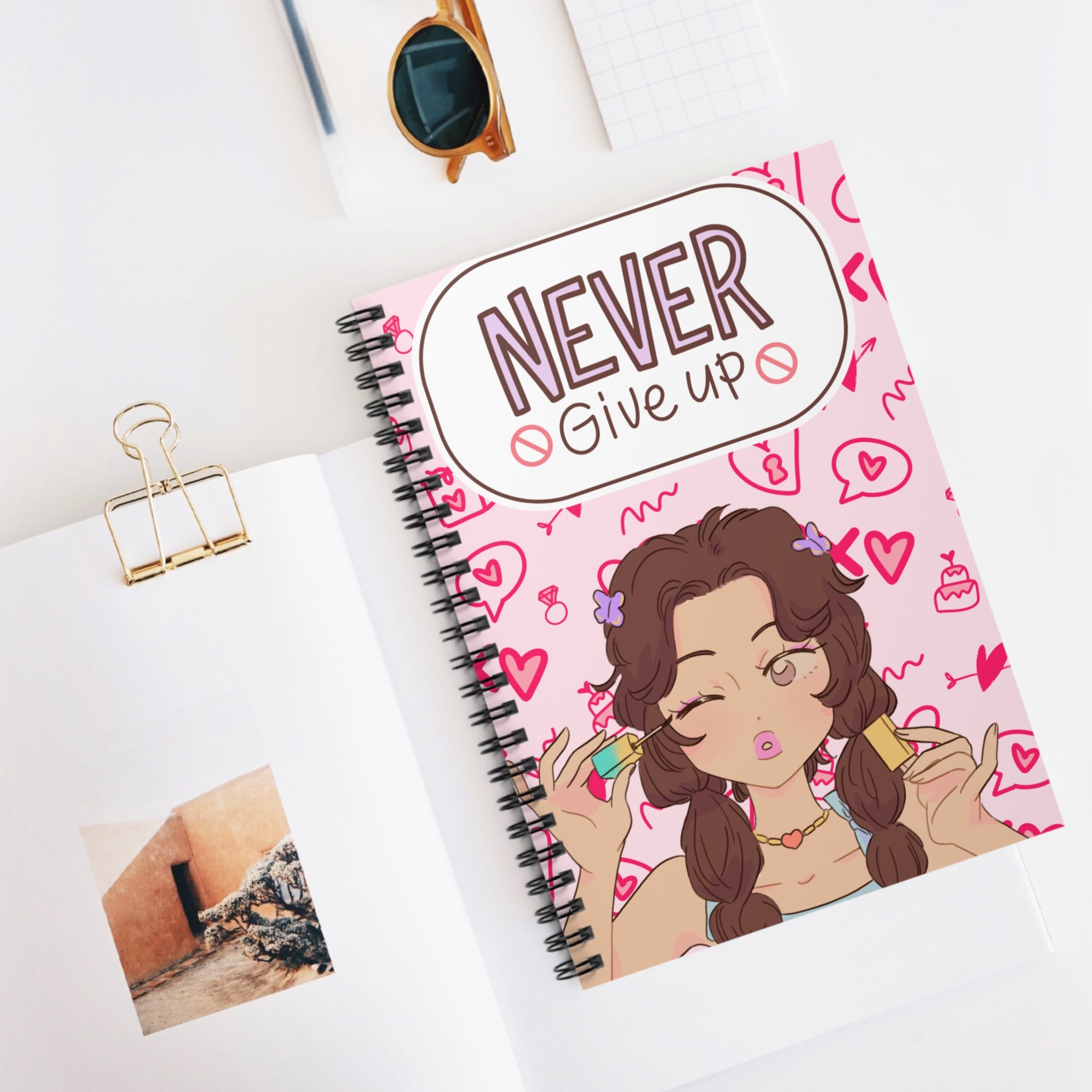Never Give Up Spiral Notebook — Cute Pink Motivational Journal for Teens
