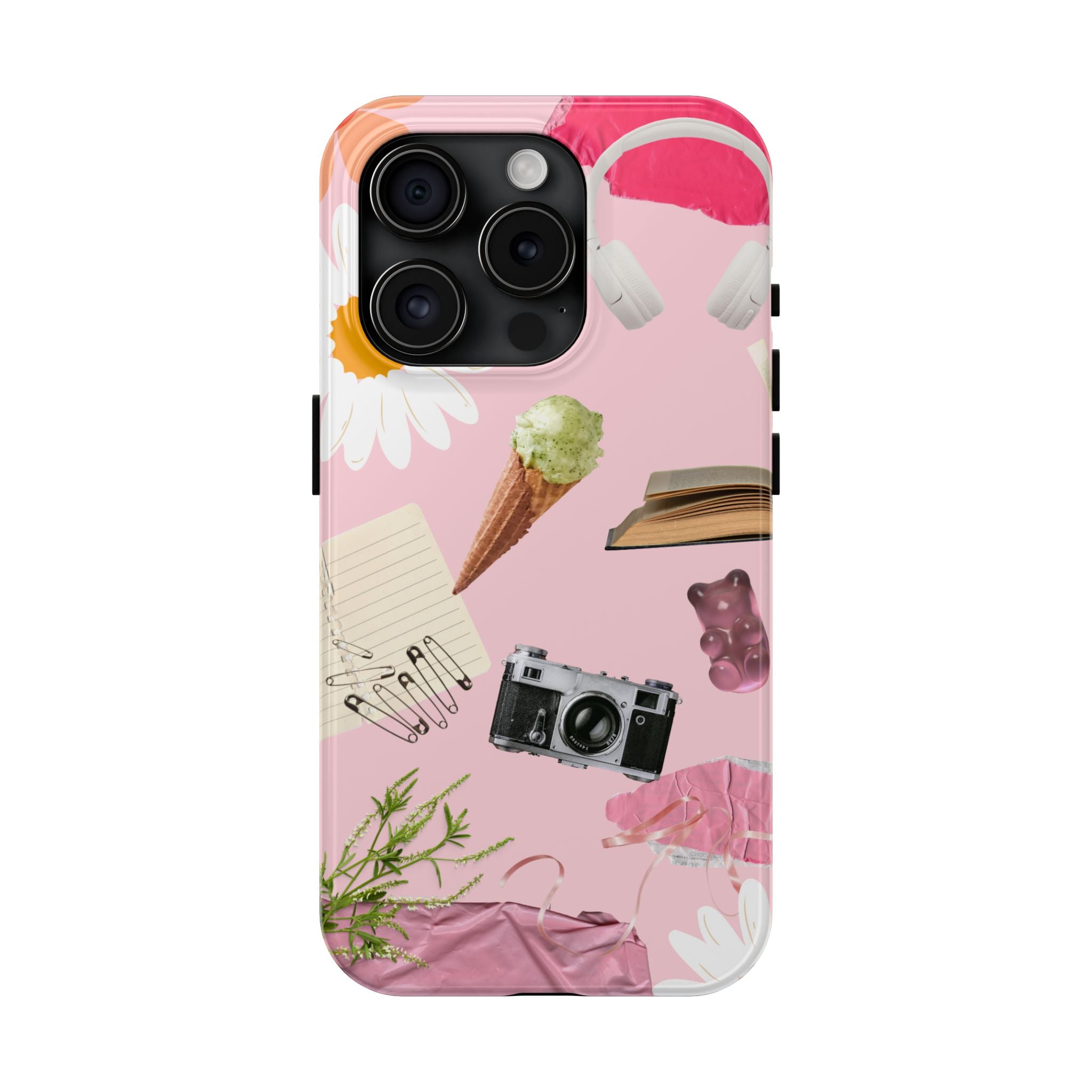 Pastel Collage Tough Phone Case – Cute Floral, Camera & Snacks Pattern