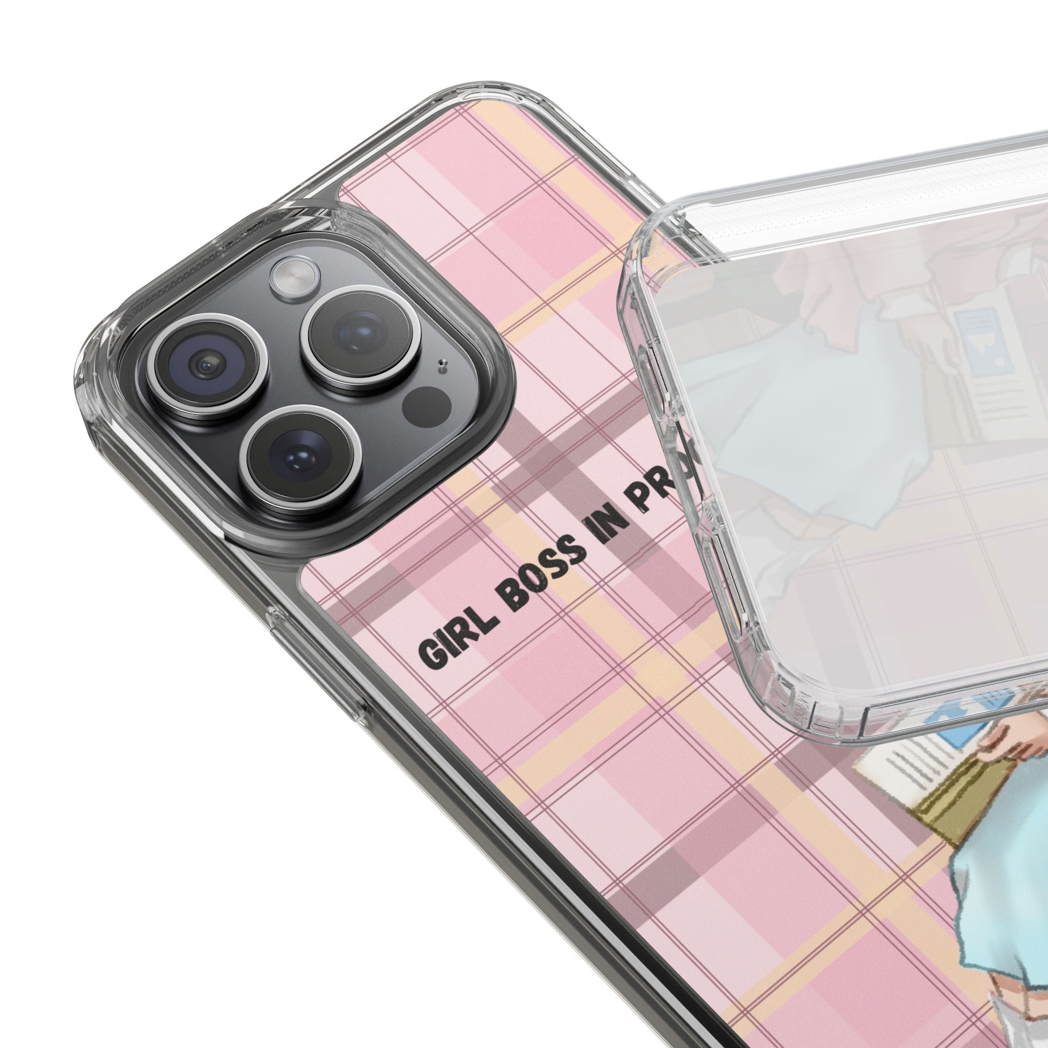 Girl Boss in Progress Clear Phone Case – Pink Plaid Feminine iPhone Cover