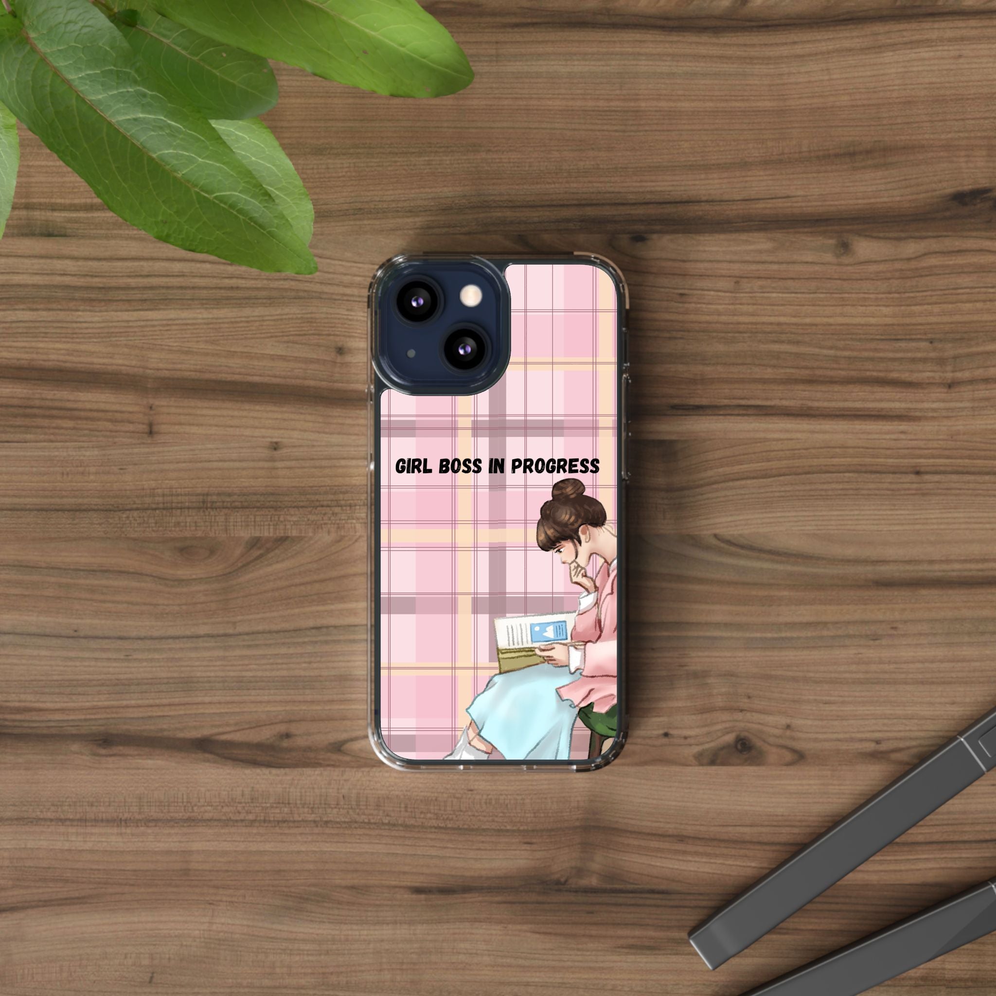 Girl Boss in Progress Clear Phone Case – Pink Plaid Feminine iPhone Cover