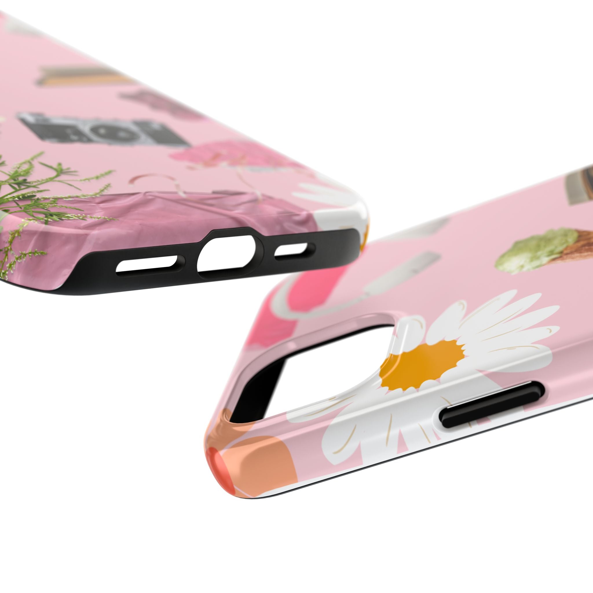 Pastel Collage Tough Phone Case – Cute Floral, Camera & Snacks Pattern
