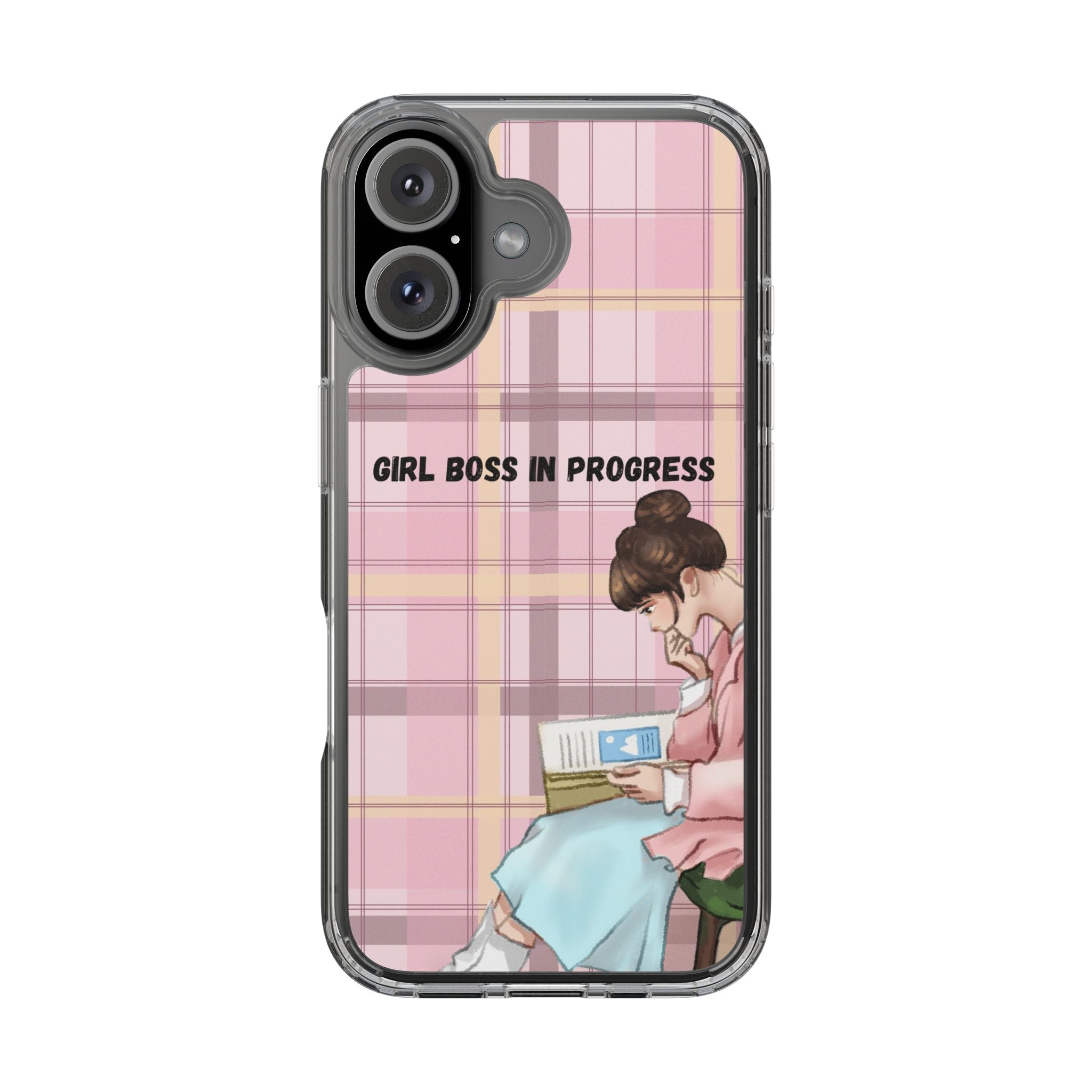 Girl Boss in Progress Clear Phone Case – Pink Plaid Feminine iPhone Cover