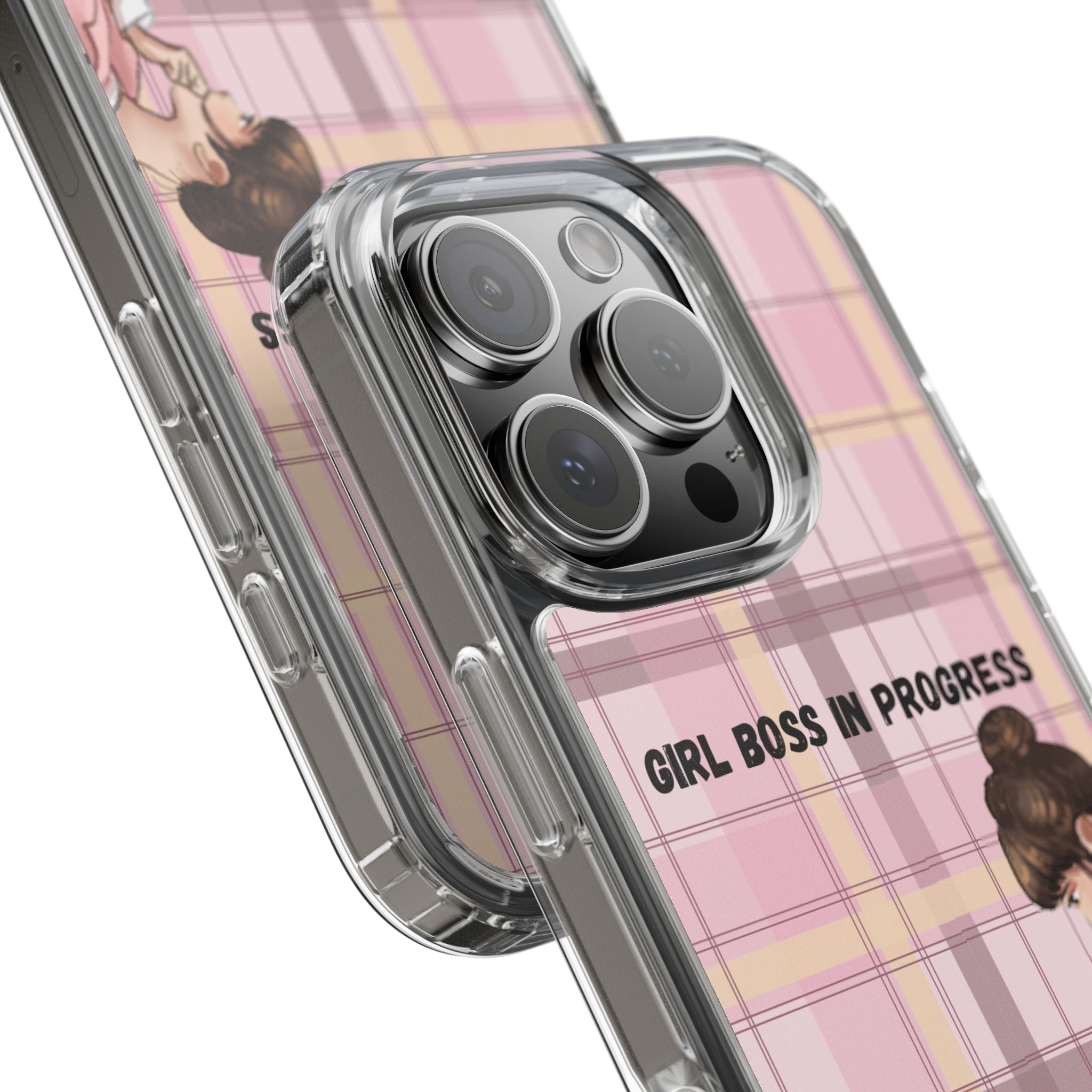 Girl Boss in Progress Clear Phone Case – Pink Plaid Feminine iPhone Cover