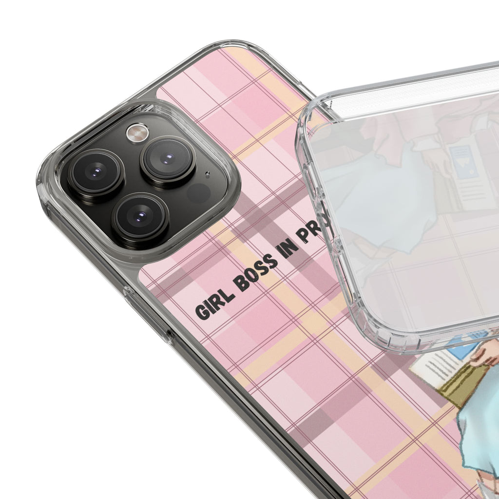 Girl Boss in Progress Clear Phone Case – Pink Plaid Feminine iPhone Cover