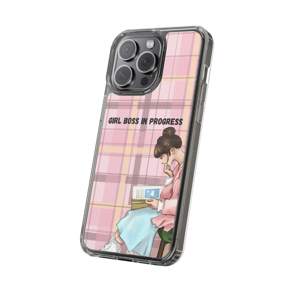Girl Boss in Progress Clear Phone Case – Pink Plaid Feminine iPhone Cover