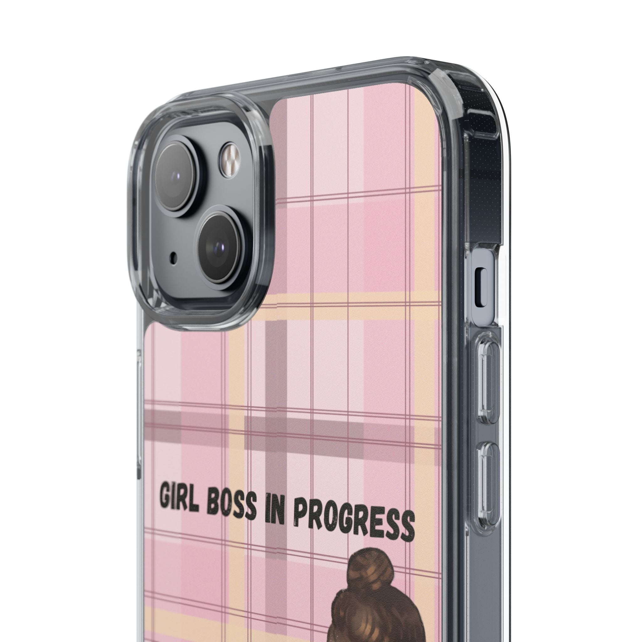 Girl Boss in Progress Clear Phone Case – Pink Plaid Feminine iPhone Cover