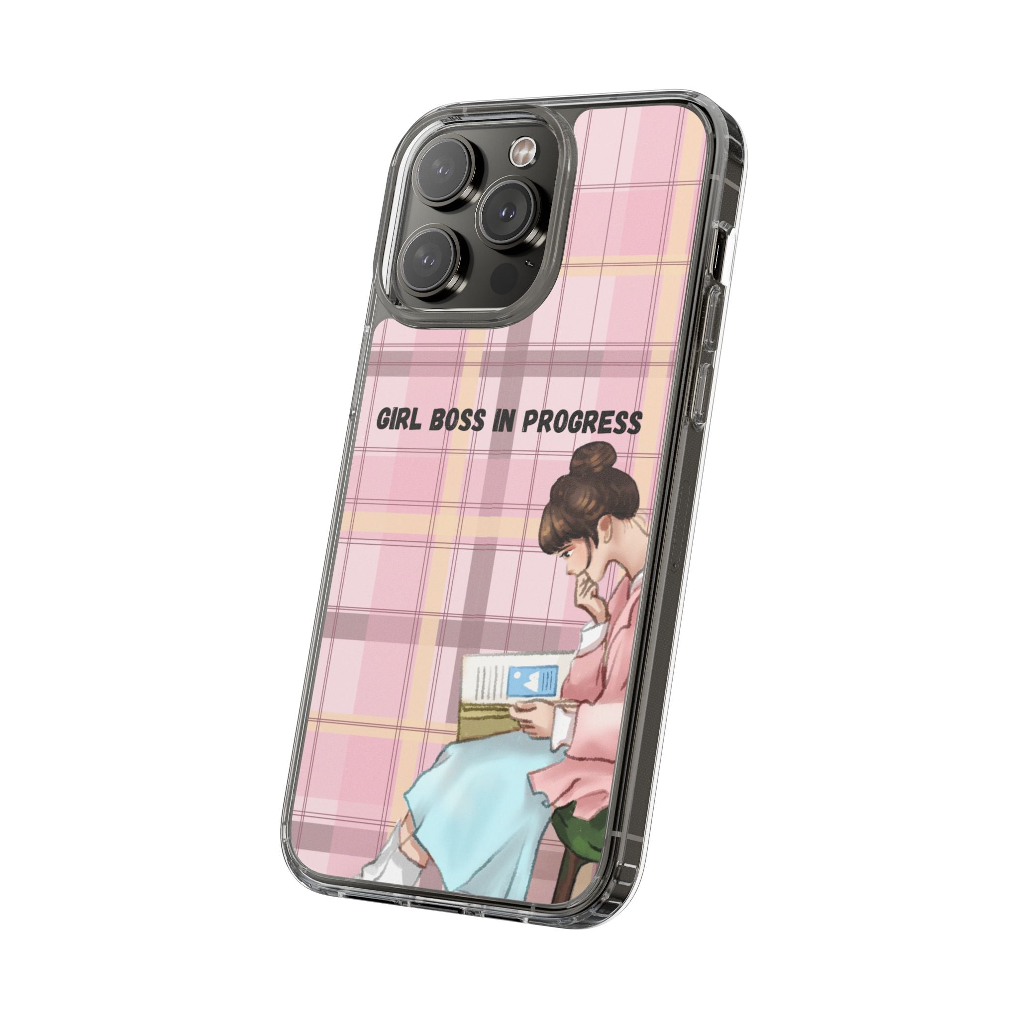 Girl Boss in Progress Clear Phone Case – Pink Plaid Feminine iPhone Cover