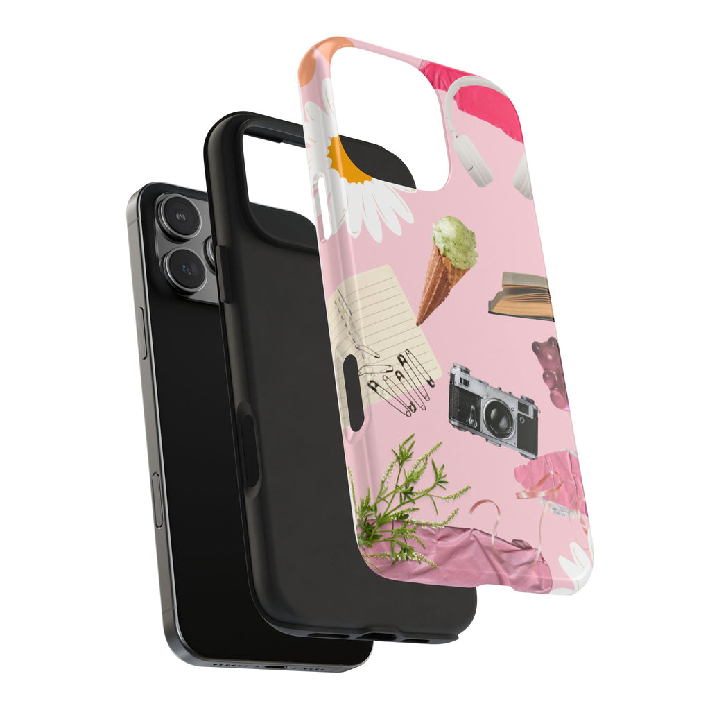 Pastel Collage Tough Phone Case – Cute Floral, Camera & Snacks Pattern