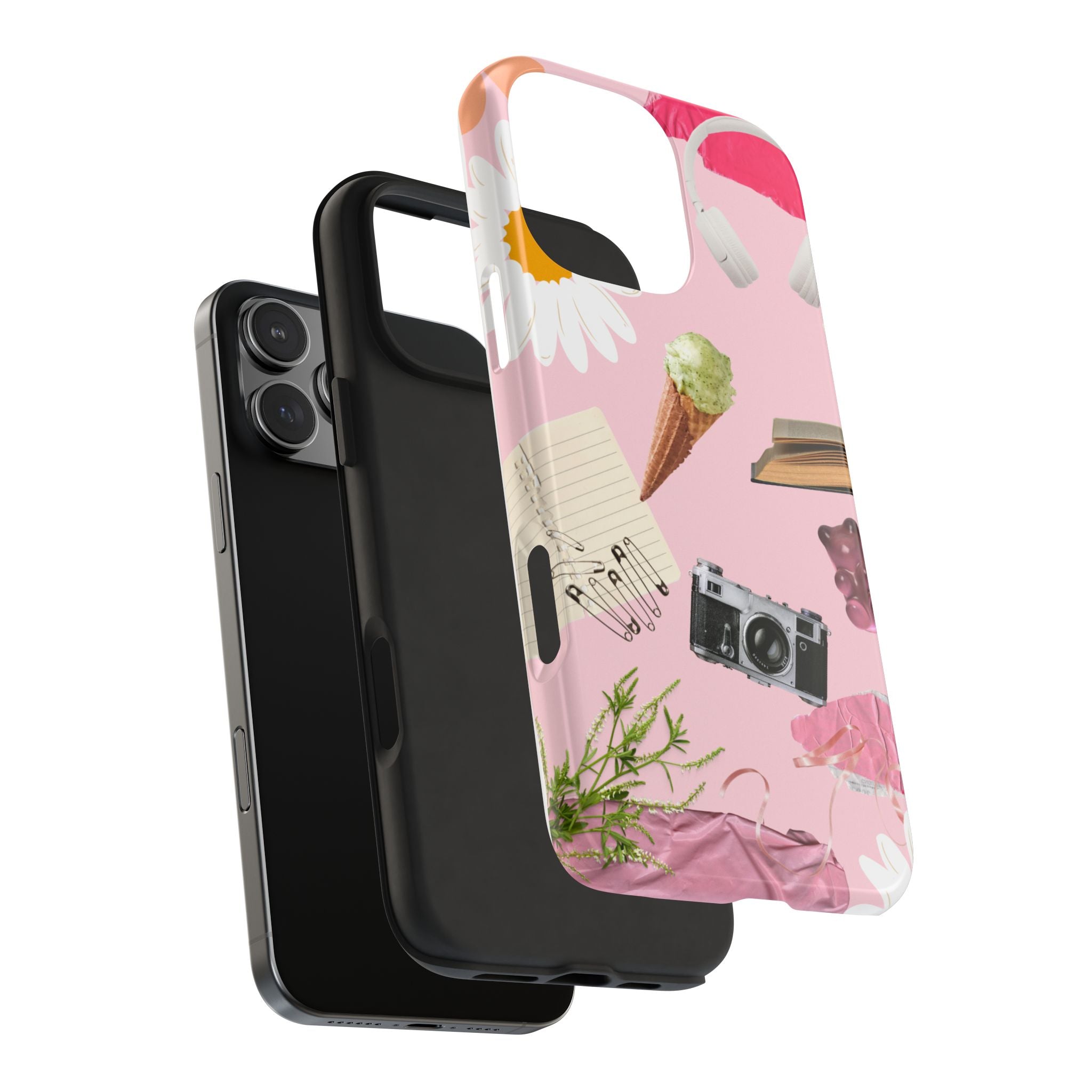 Pastel Collage Tough Phone Case – Cute Floral, Camera & Snacks Pattern