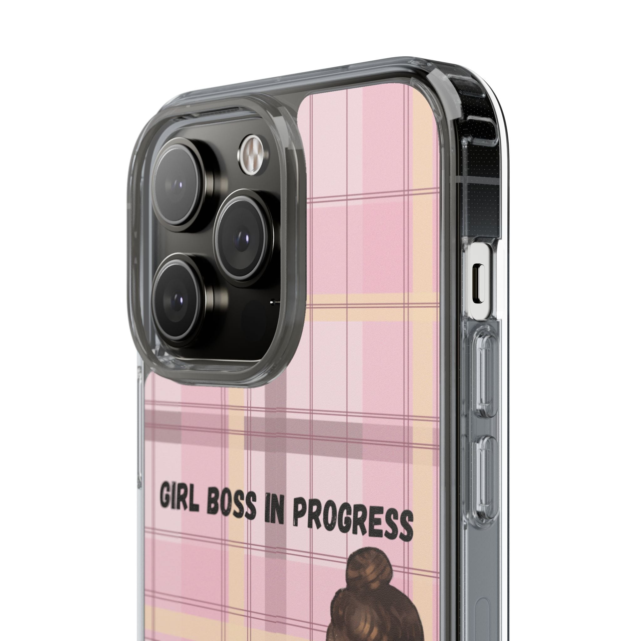 Girl Boss in Progress Clear Phone Case – Pink Plaid Feminine iPhone Cover