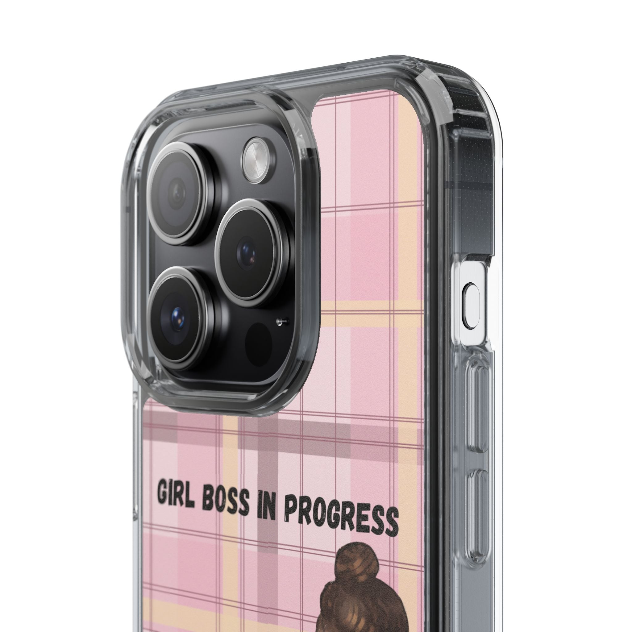 Girl Boss in Progress Clear Phone Case – Pink Plaid Feminine iPhone Cover