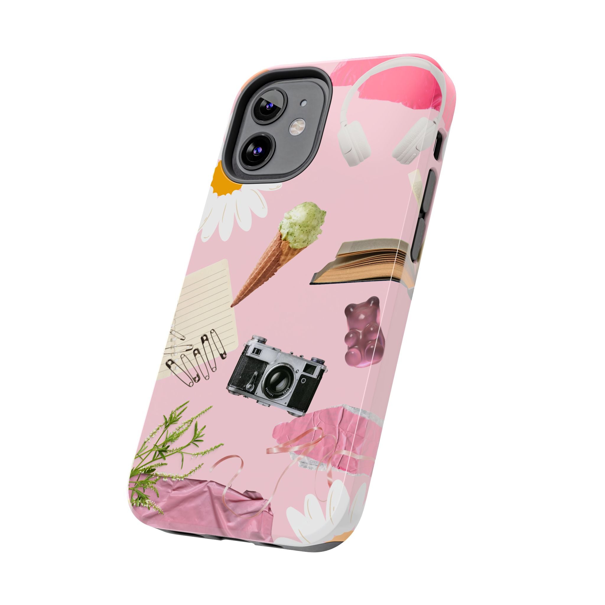 Pastel Collage Tough Phone Case – Cute Floral, Camera & Snacks Pattern