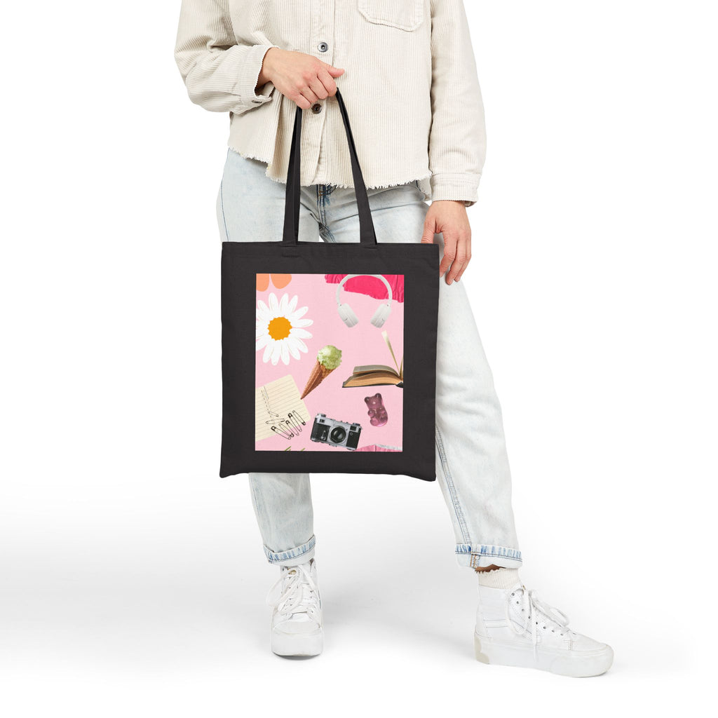 Canvas Tote Bag — Pink Aesthetic Collage: Daisy, Camera, Headphones & Book