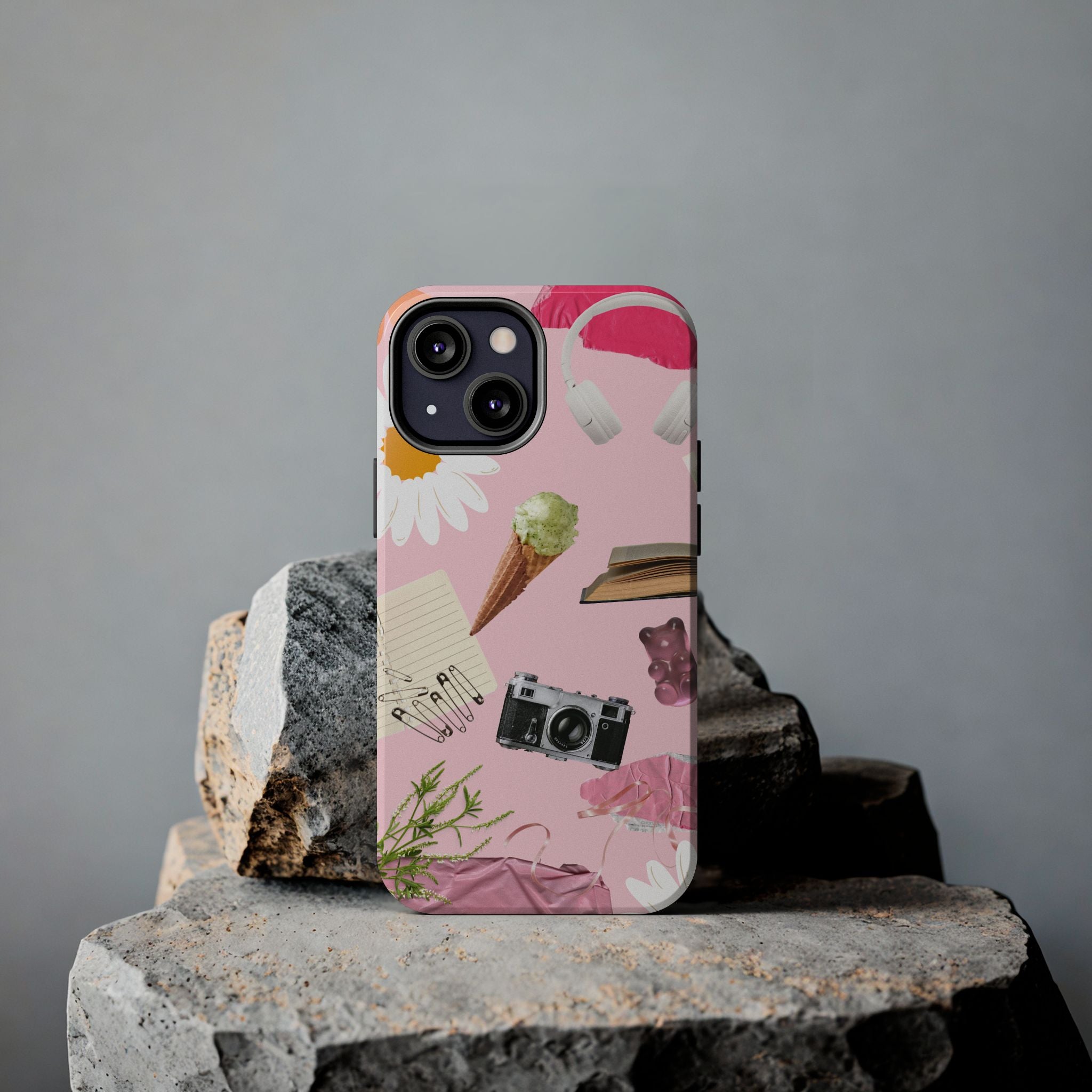 Pastel Collage Tough Phone Case – Cute Floral, Camera & Snacks Pattern