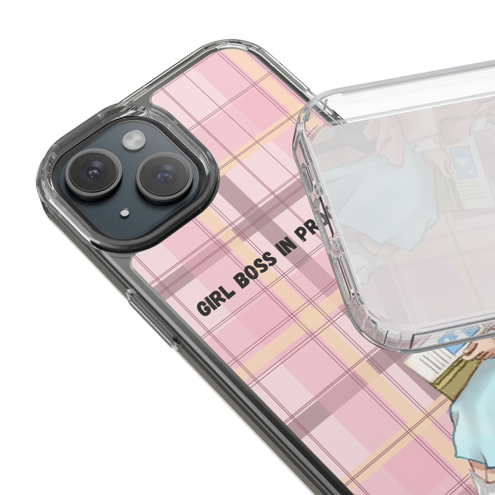 Girl Boss in Progress Clear Phone Case – Pink Plaid Feminine iPhone Cover