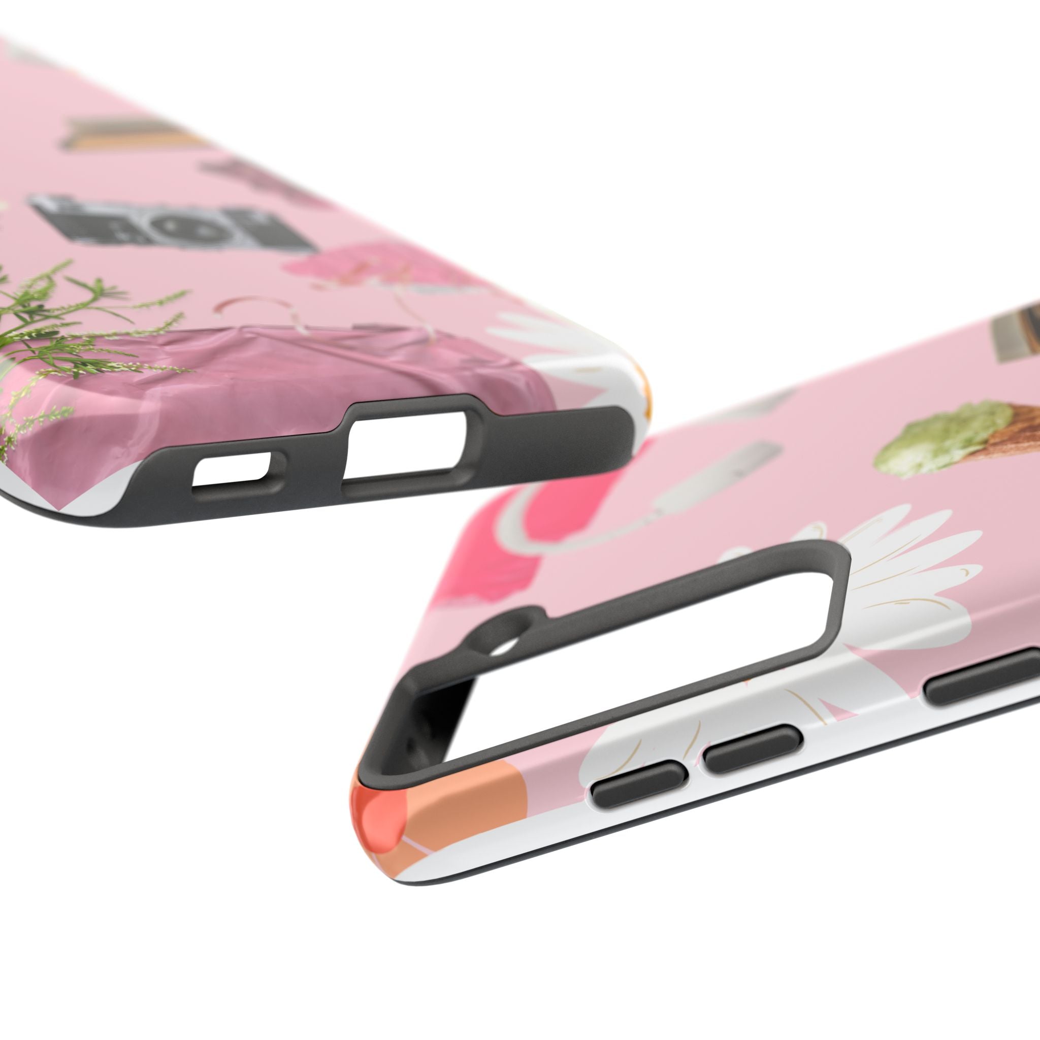 Pastel Collage Tough Phone Case – Cute Floral, Camera & Snacks Pattern