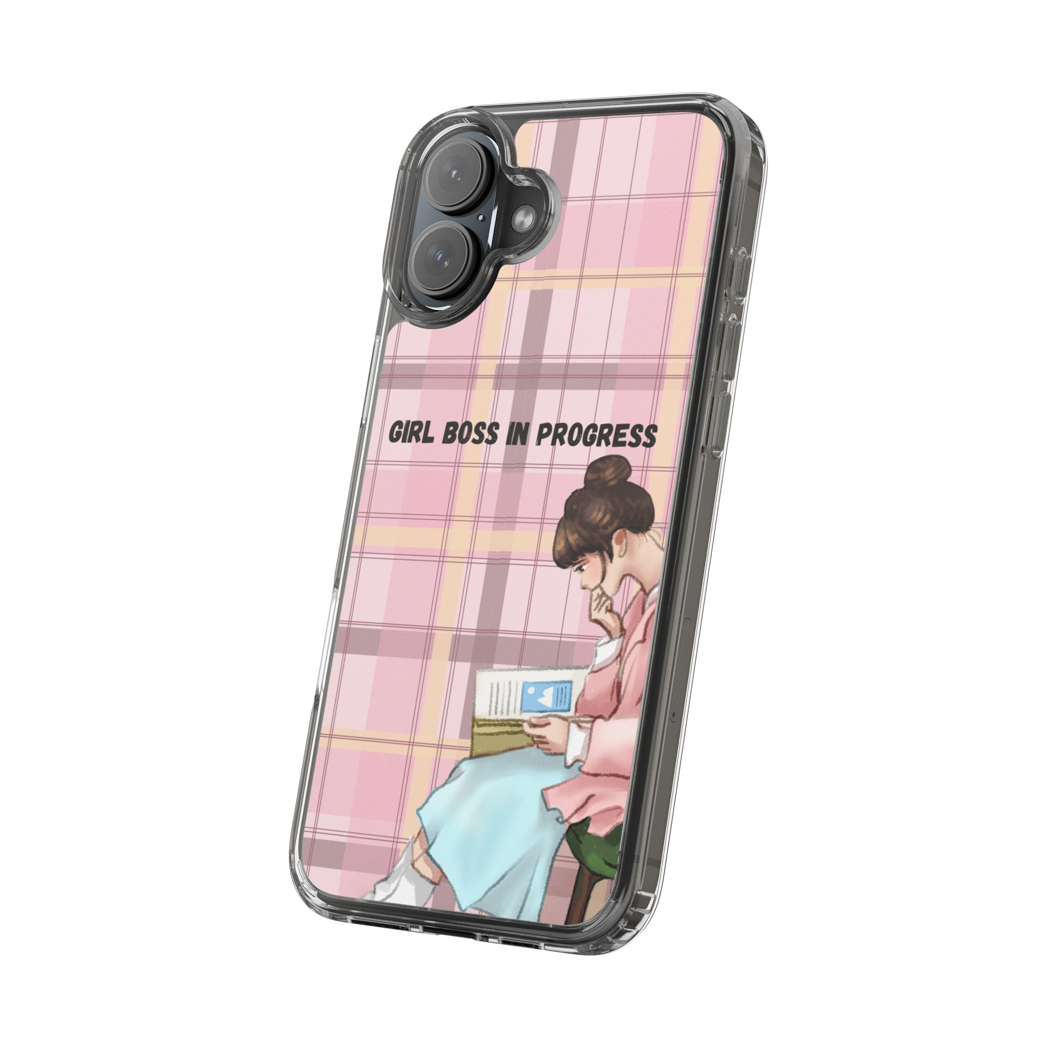 Girl Boss in Progress Clear Phone Case – Pink Plaid Feminine iPhone Cover