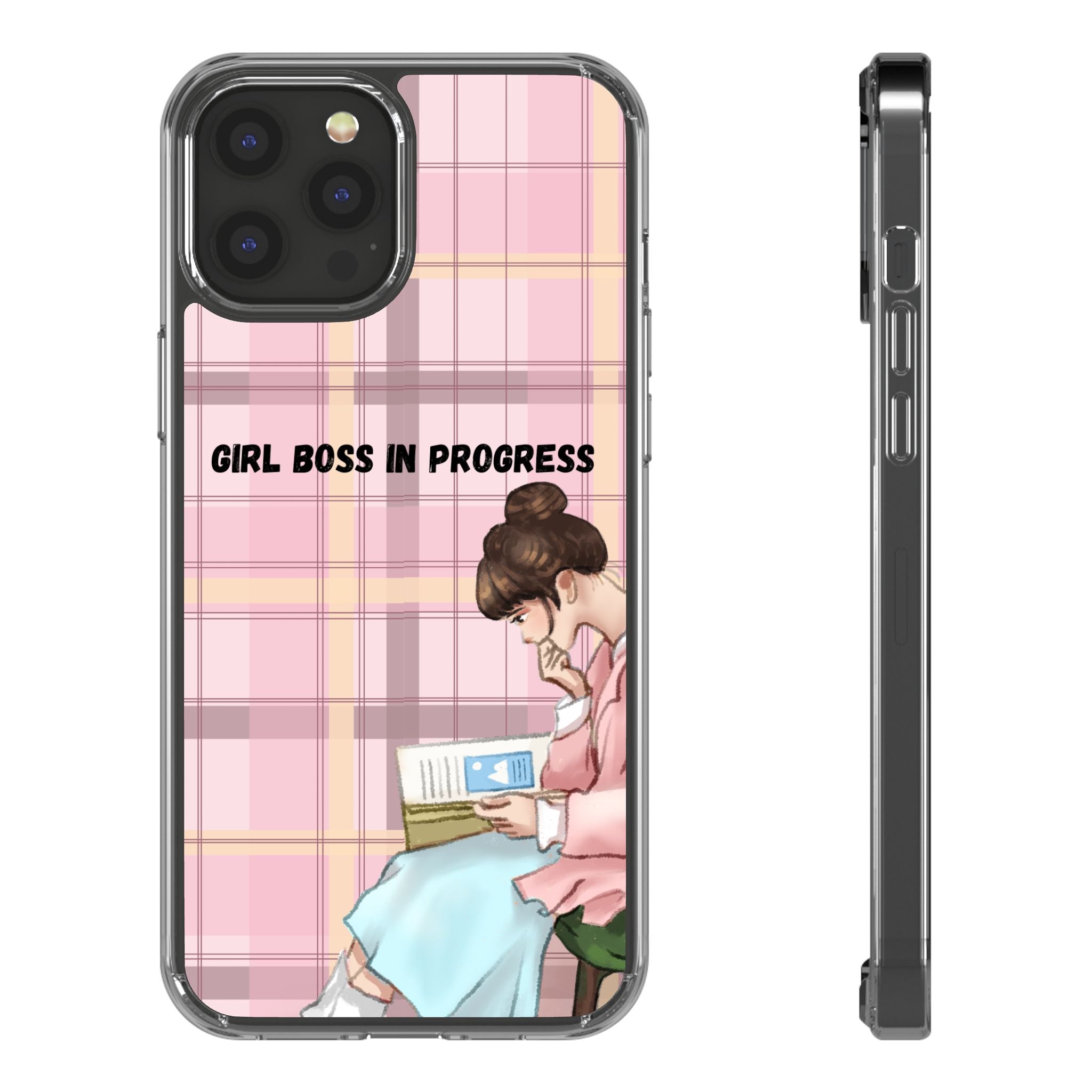 Girl Boss in Progress Clear Phone Case – Pink Plaid Feminine iPhone Cover