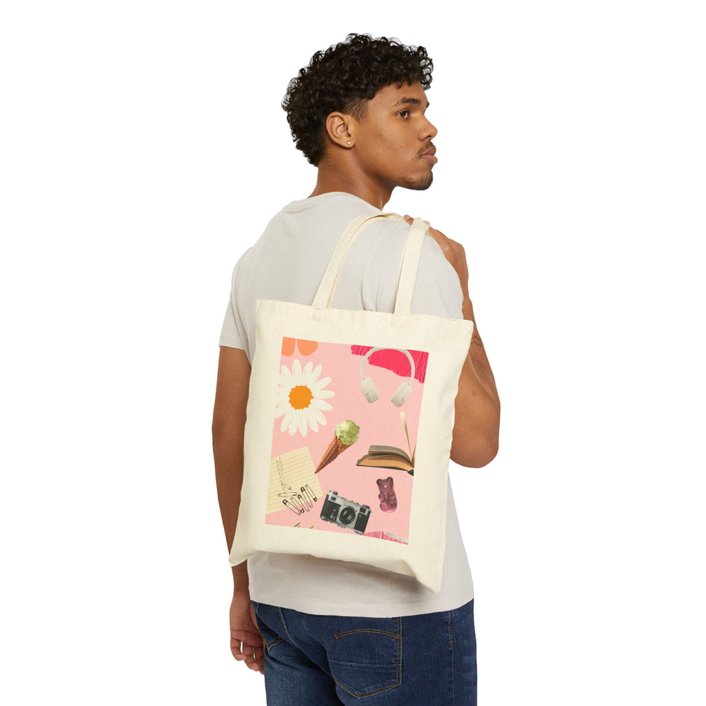 Canvas Tote Bag — Pink Aesthetic Collage: Daisy, Camera, Headphones & Book