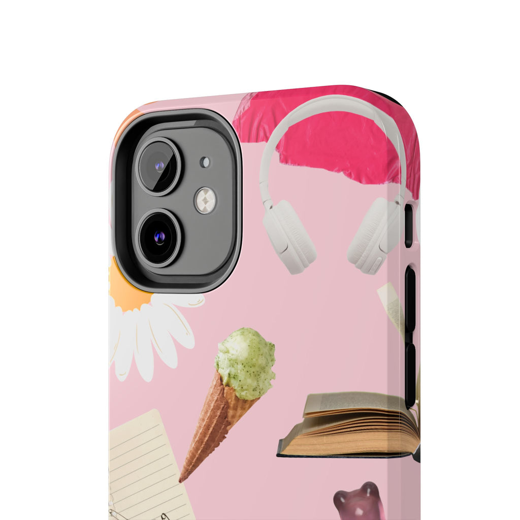 Pastel Collage Tough Phone Case – Cute Floral, Camera & Snacks Pattern