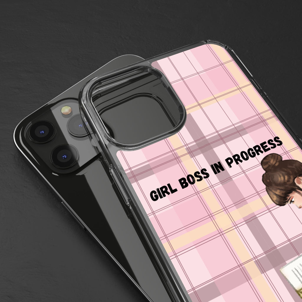 Girl Boss in Progress Clear Phone Case – Pink Plaid Feminine iPhone Cover