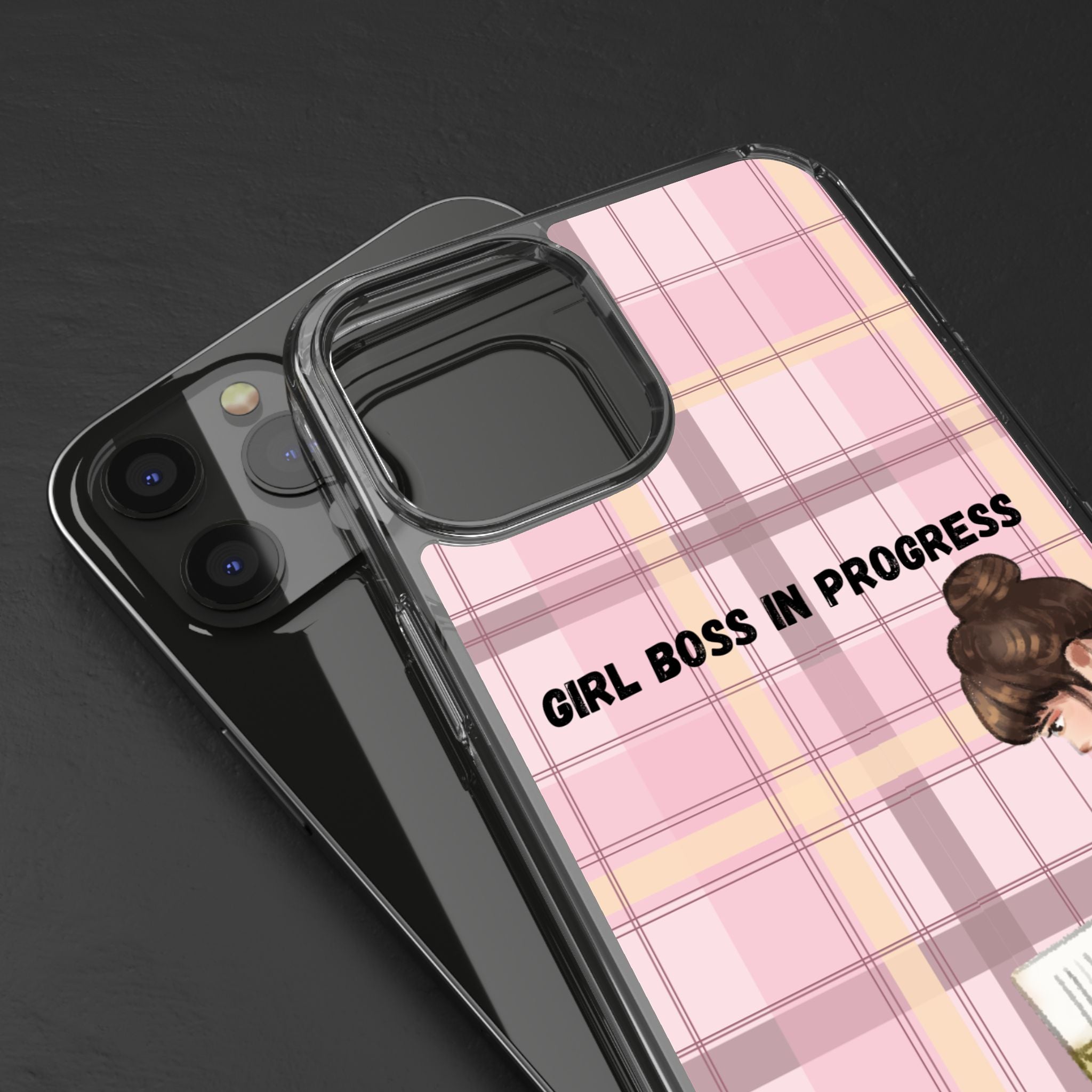 Girl Boss in Progress Clear Phone Case – Pink Plaid Feminine iPhone Cover