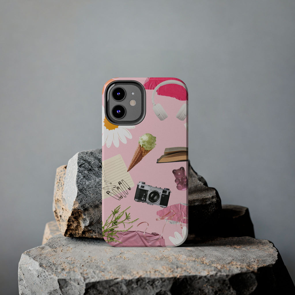 Pastel Collage Tough Phone Case – Cute Floral, Camera & Snacks Pattern
